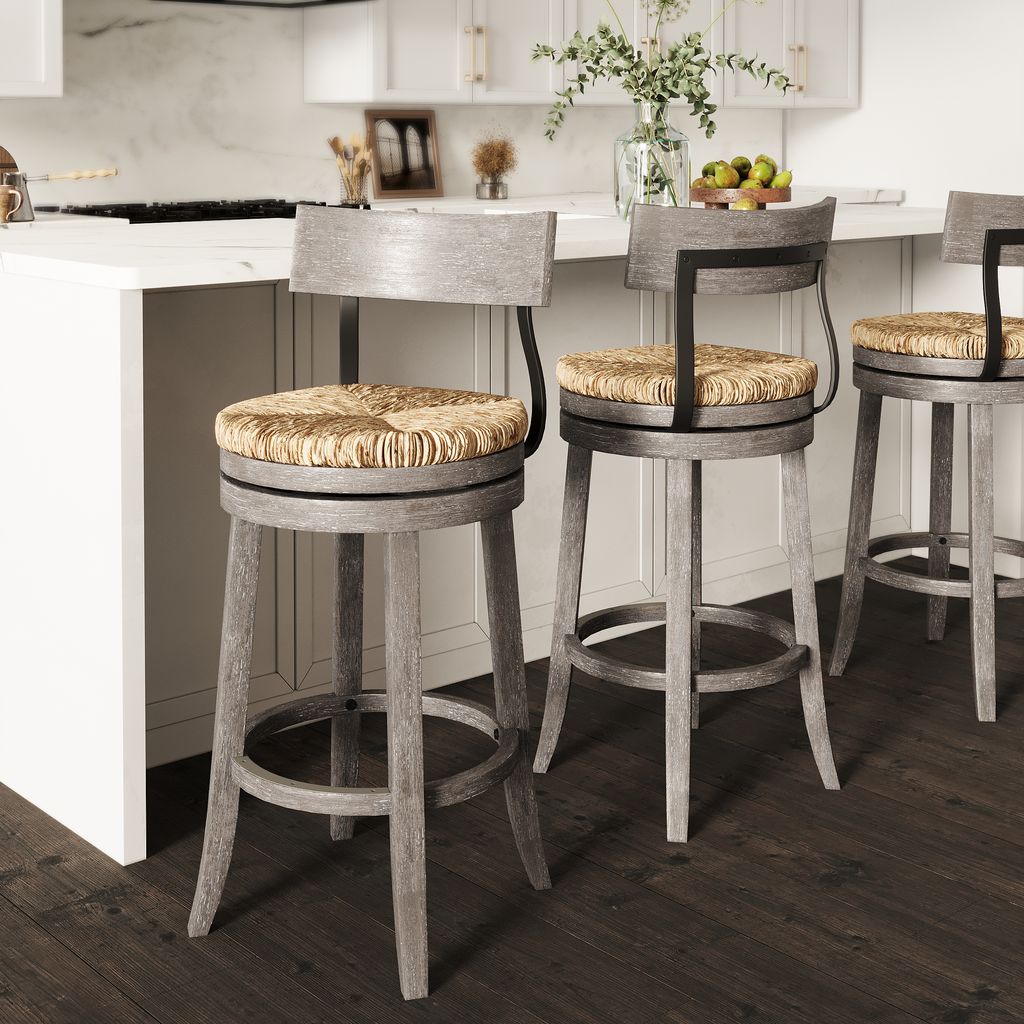 Eden Stool with Seagrass Seat in Gray at a modern farmhouse kitchen island