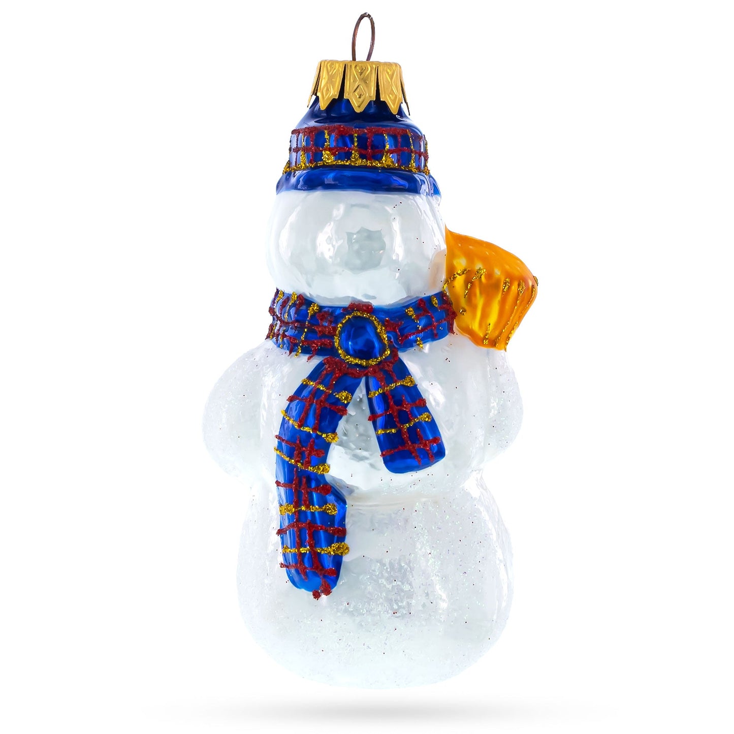 Snowman Wearing Blue Hat and Plaid Scarf with Broom Glass Christmas Ornament