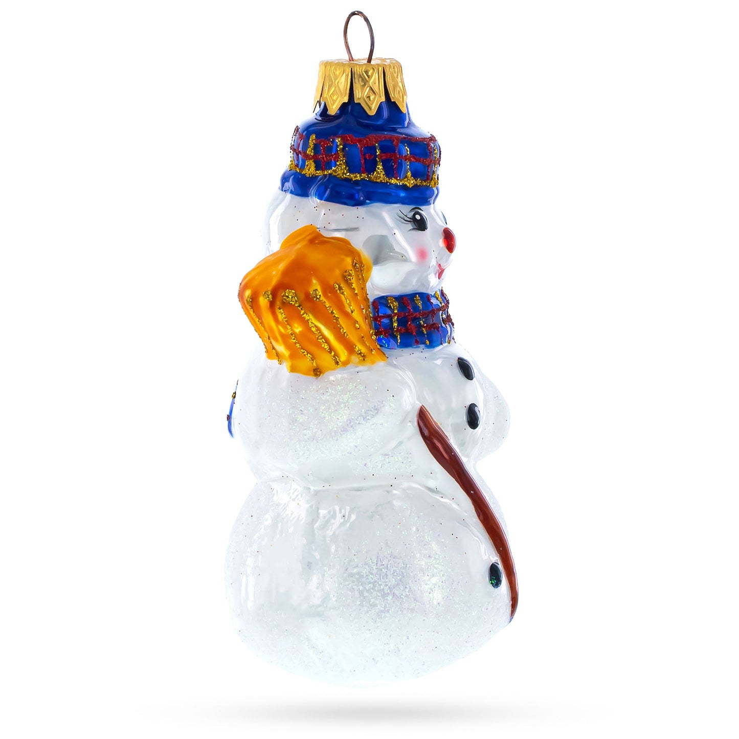 Snowman Wearing Blue Hat and Plaid Scarf with Broom Glass Christmas Ornament