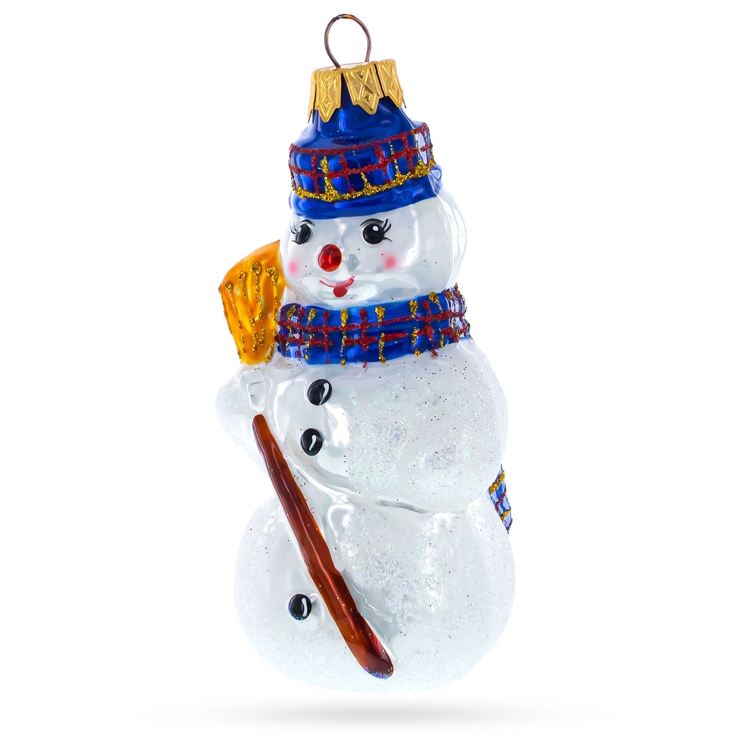 Snowman Wearing Blue Hat and Plaid Scarf with Broom Glass Christmas Ornament