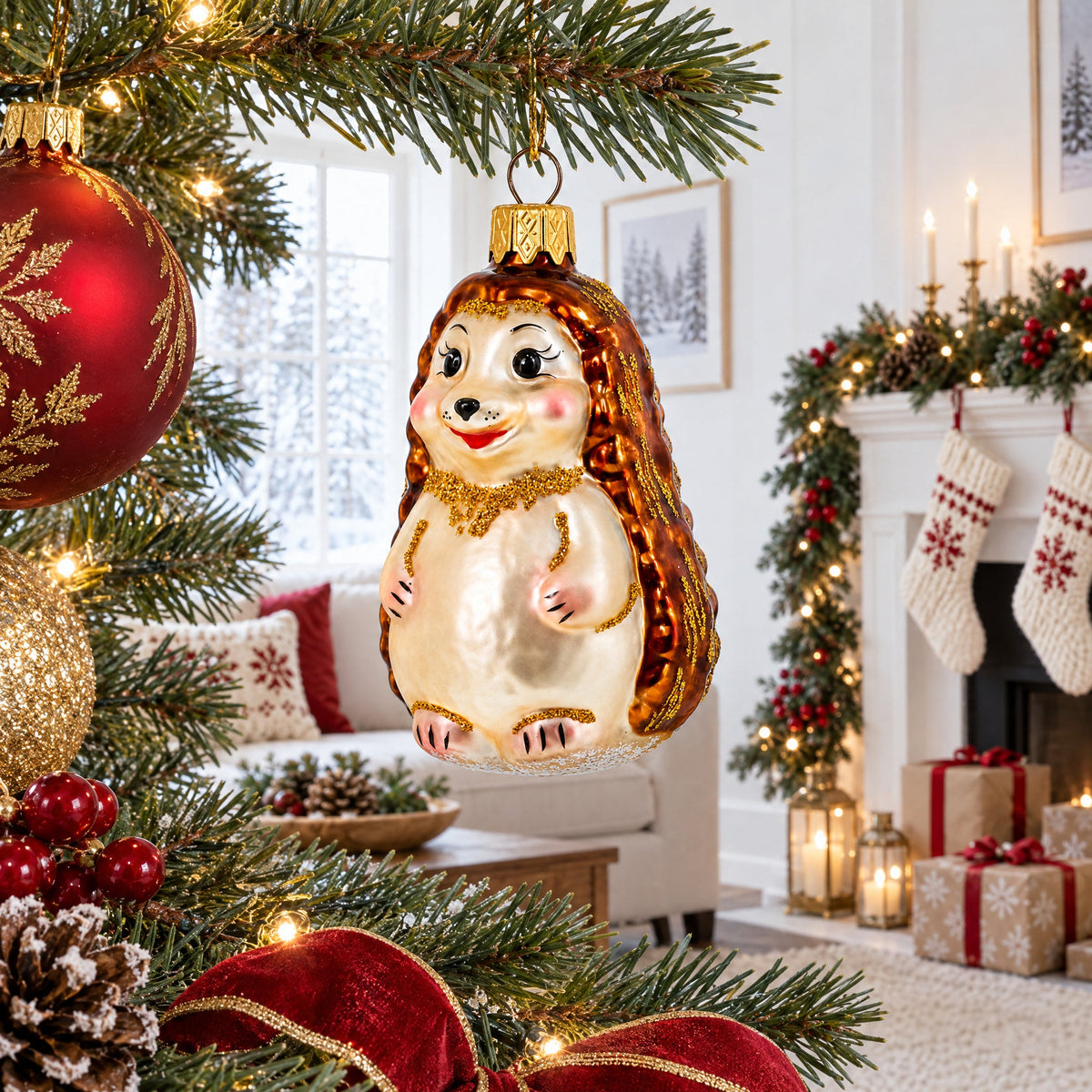 Woodland Hedgehog Glass Christmas Ornament