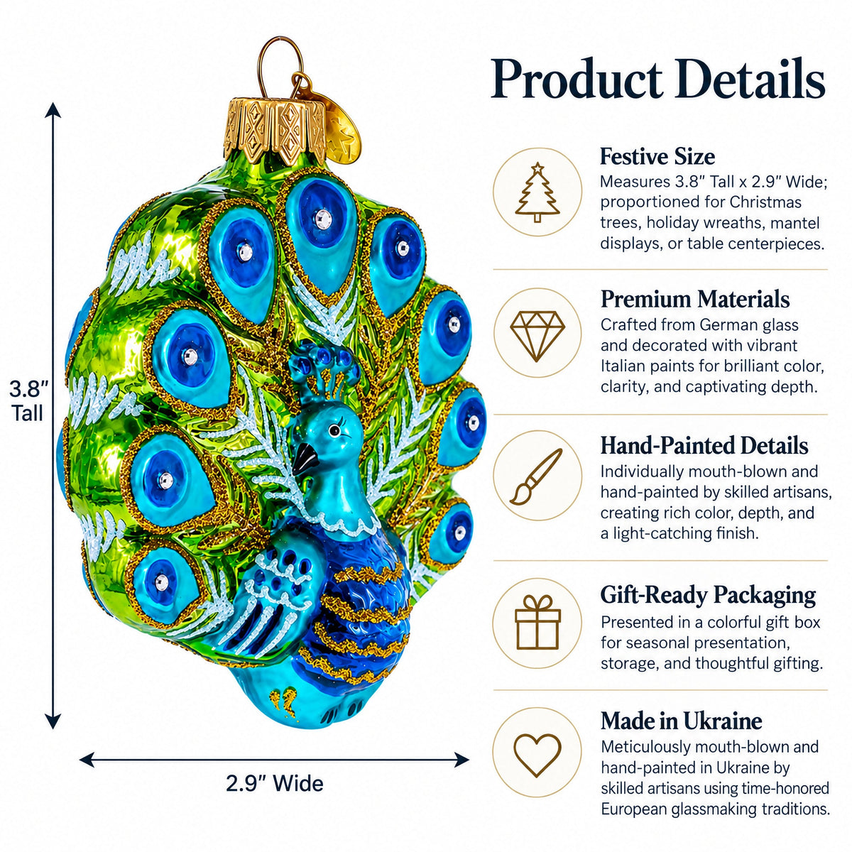 Festive Peacock Glass Christmas Ornament