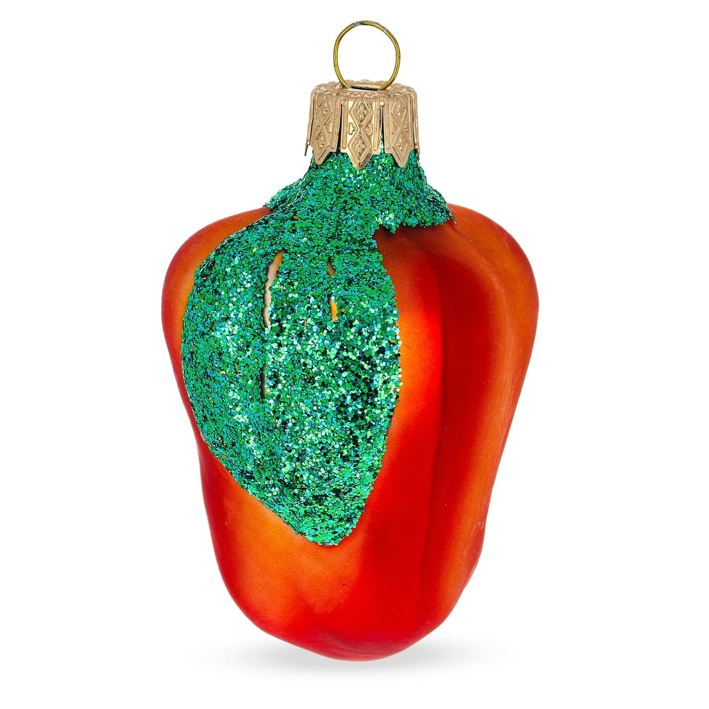Red Bell Pepper with Green Glitter Stem Glass Christmas Ornament