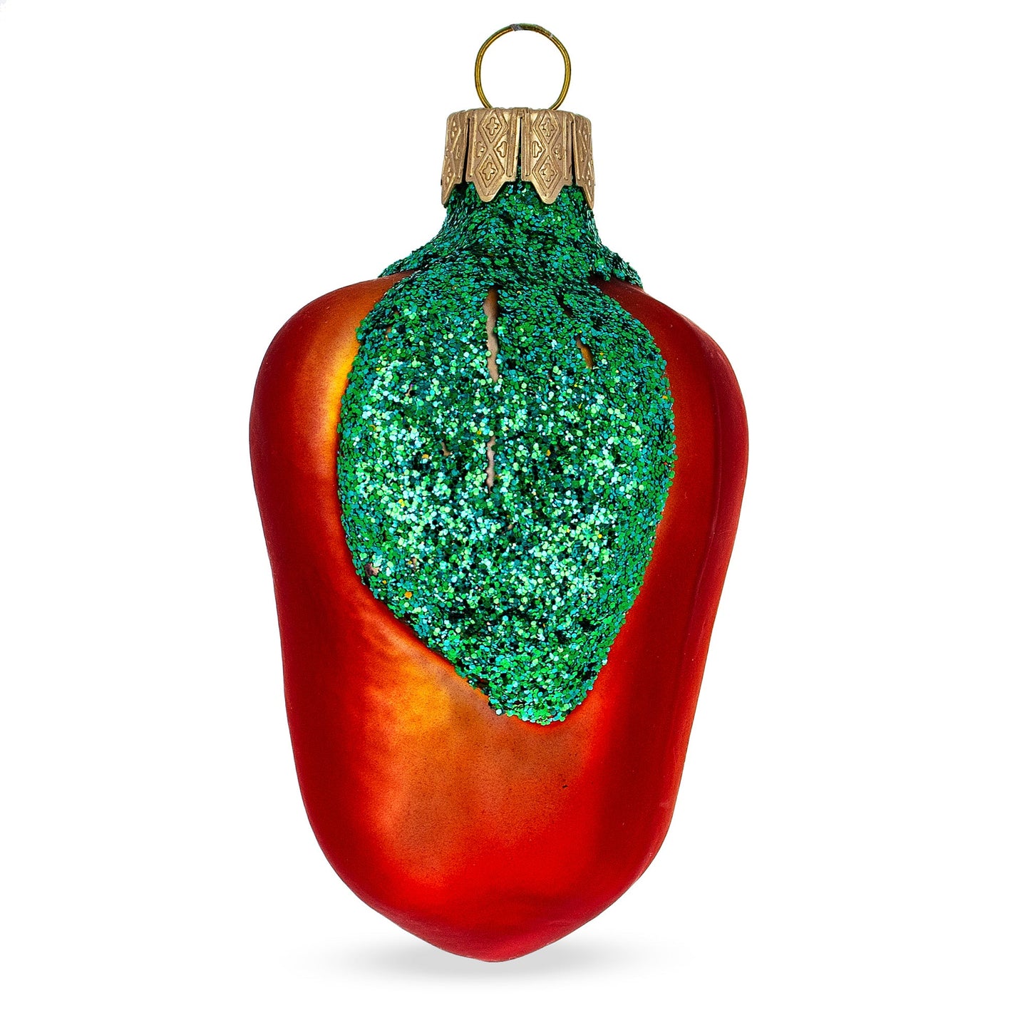 Red Bell Pepper with Green Glitter Stem Glass Christmas Ornament