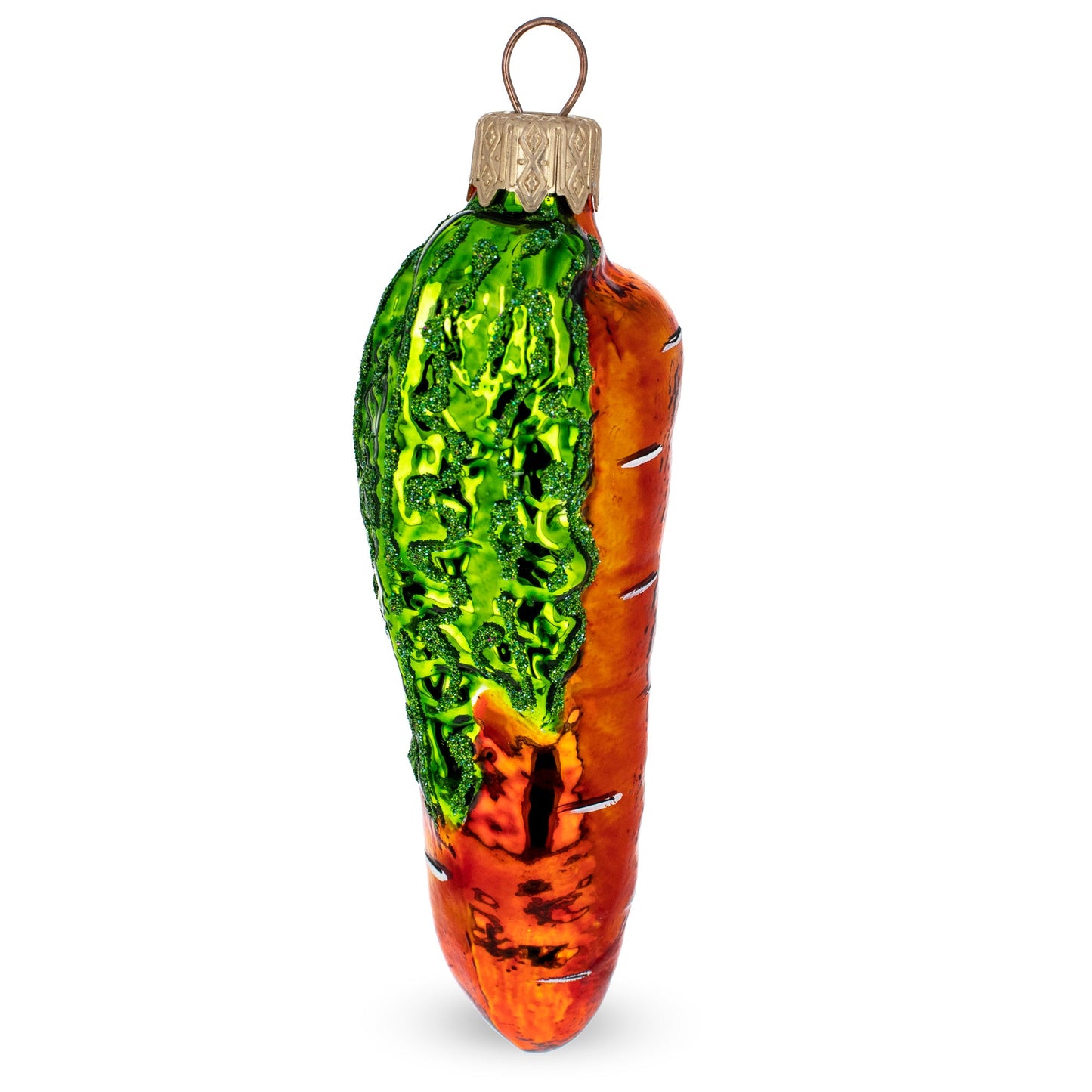 Orange Carrot with Glitter Leaves Glass Christmas Ornament