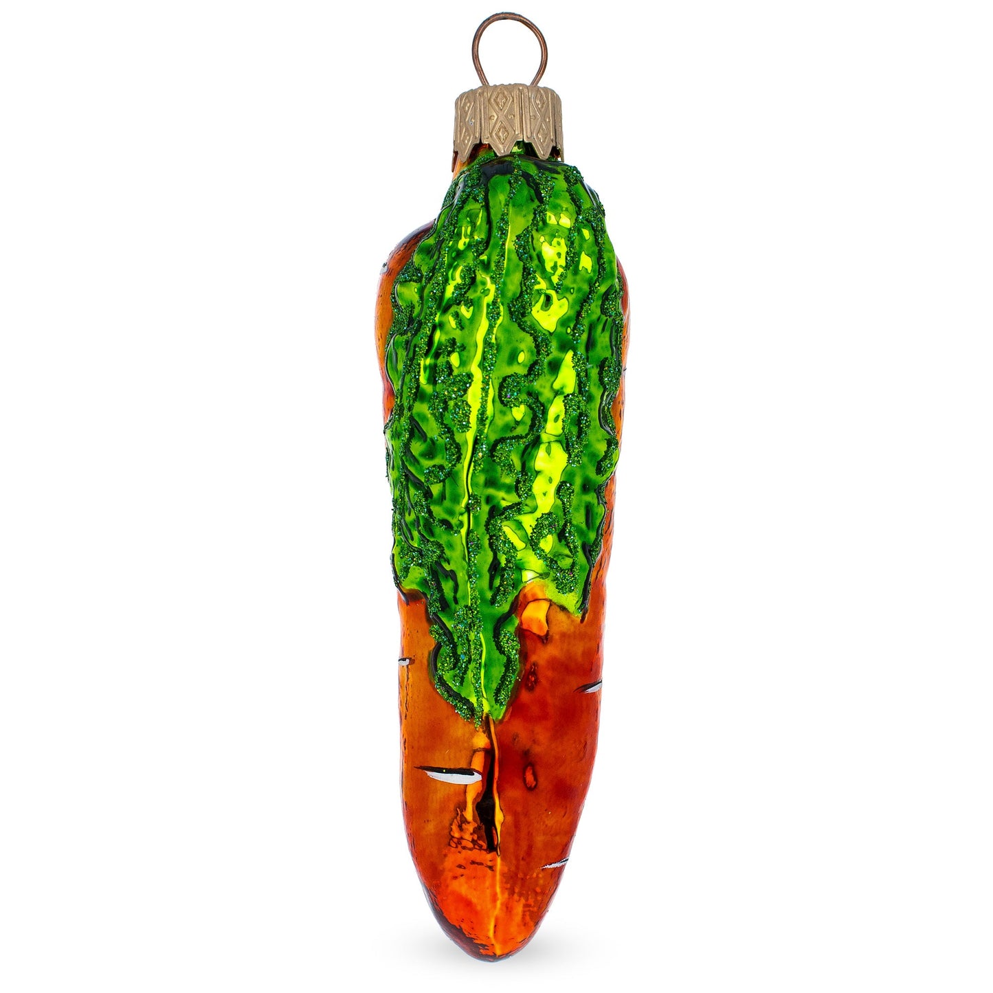 Orange Carrot with Glitter Leaves Glass Christmas Ornament