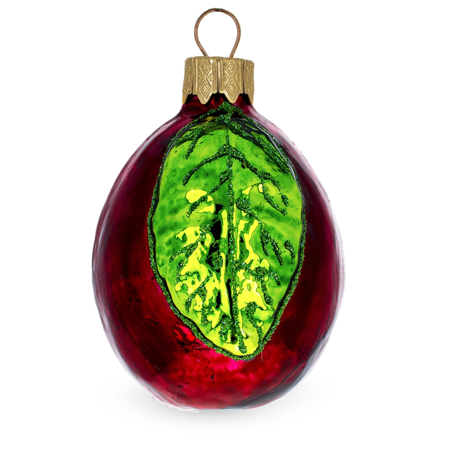 Red Plum with Green Leaf Glass Christmas Ornament