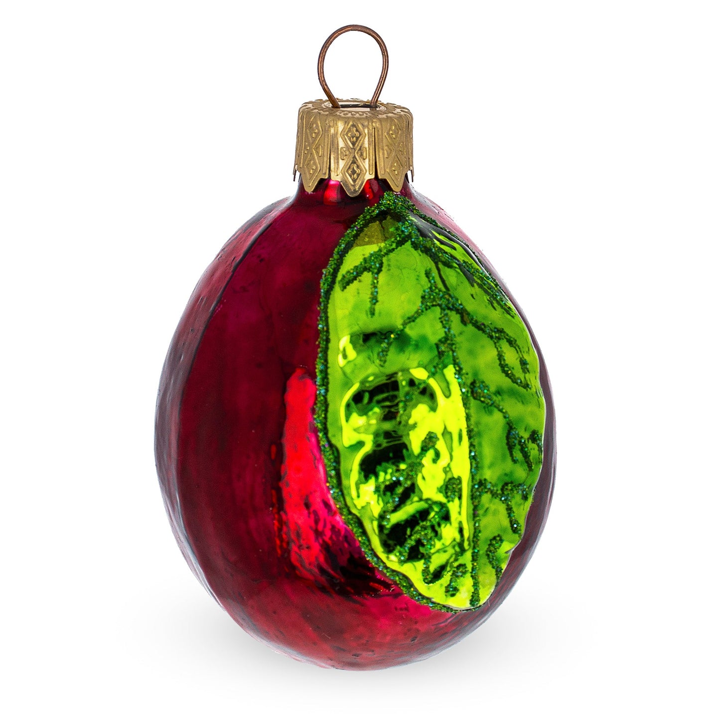 Red Plum with Green Leaf Glass Christmas Ornament