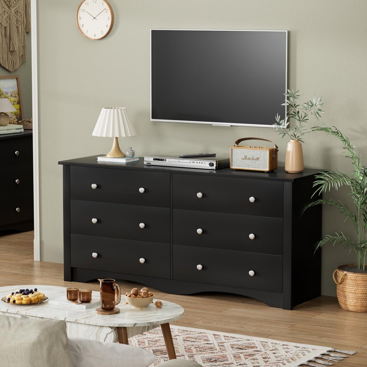 Black Dresser With 6 Drawers And TV Stand Storage Chest
