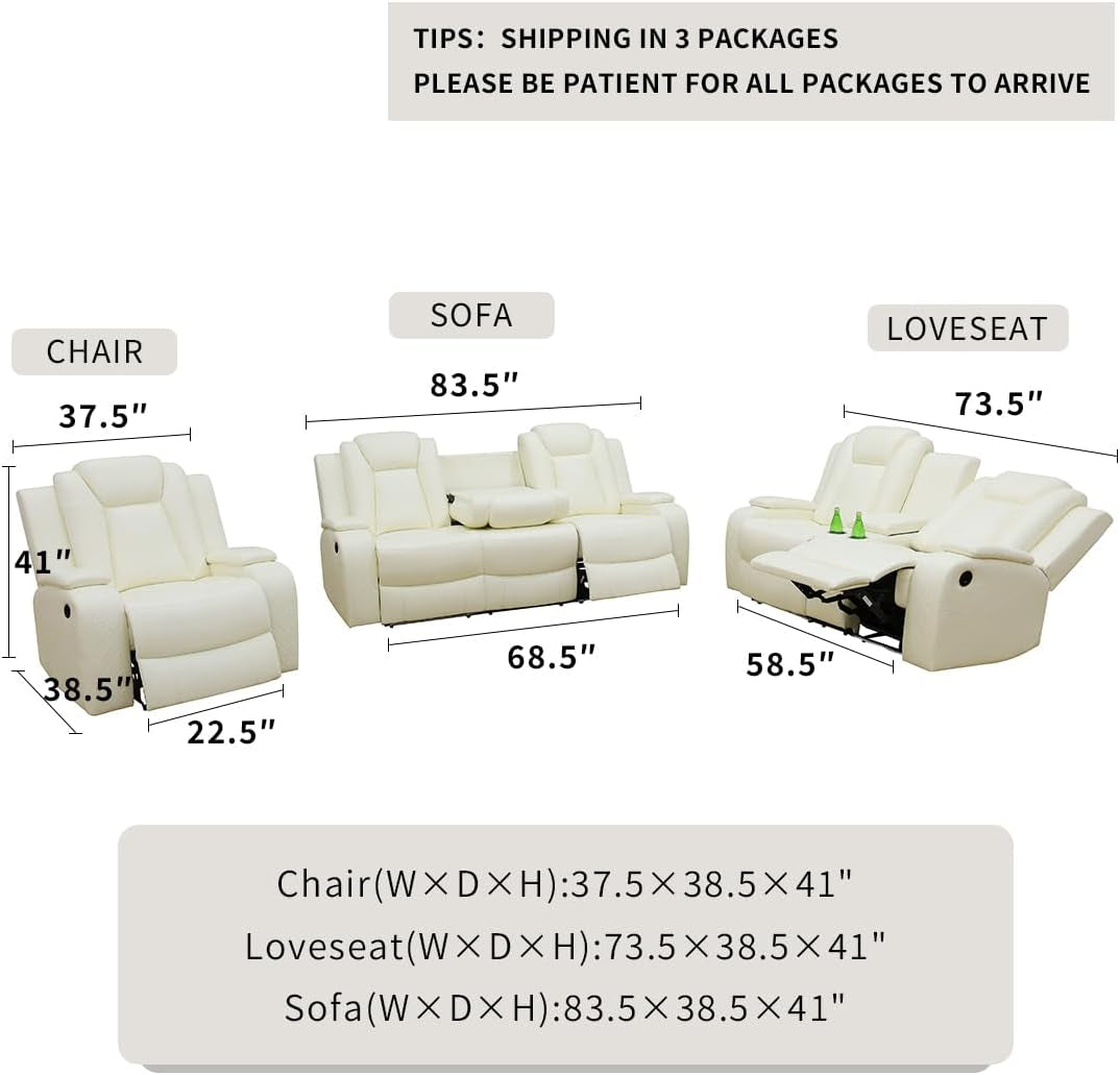 Living Room Set Leather Sofa Power Recliner Creamy White