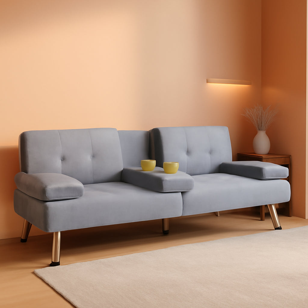 Futon Sofa Bed Light Grey Linen With Cup Holders Removable Armrests