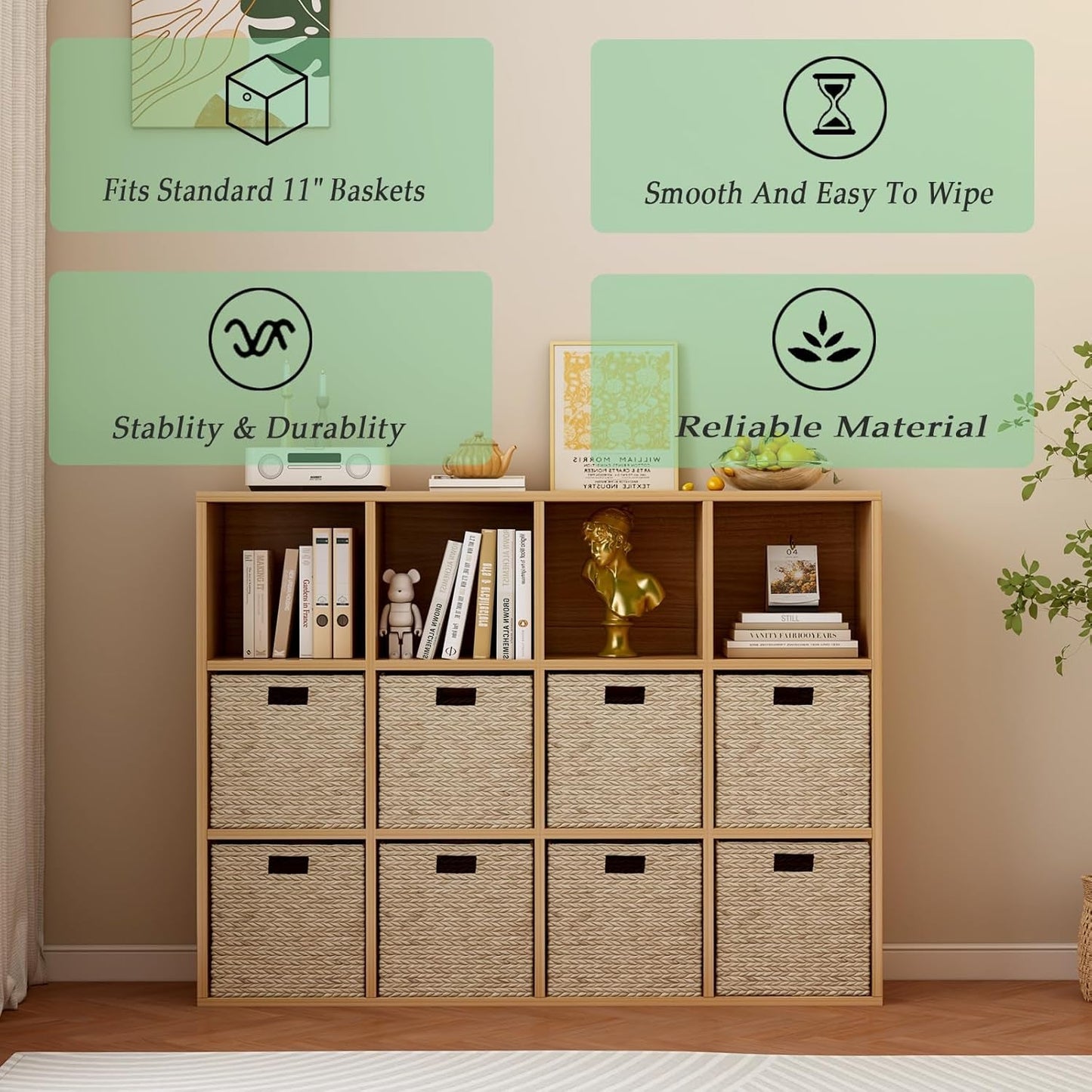 Oak 12-Cube Storage Shelf Bookcase 3-Tier Floor Standing