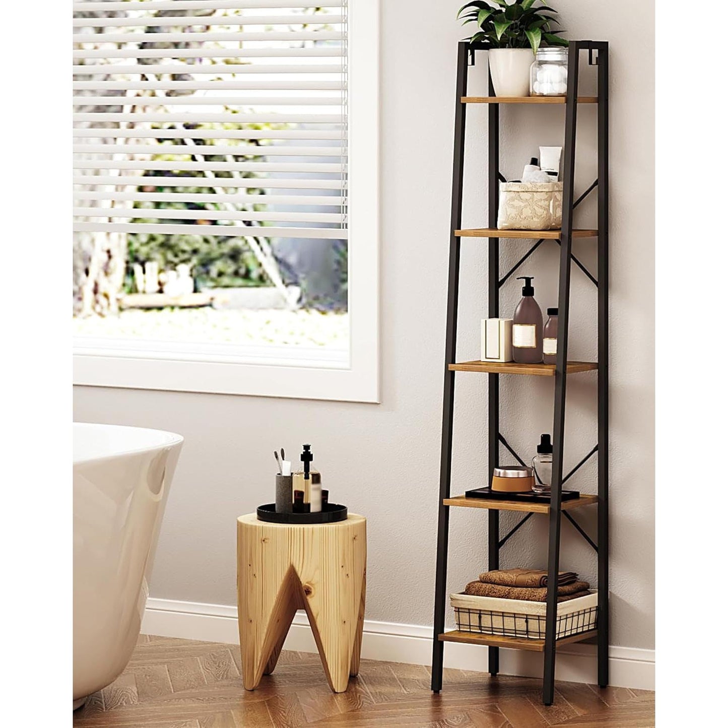 Ladder Shelf Bookcase 5 Tier Rustic Brown Freestanding