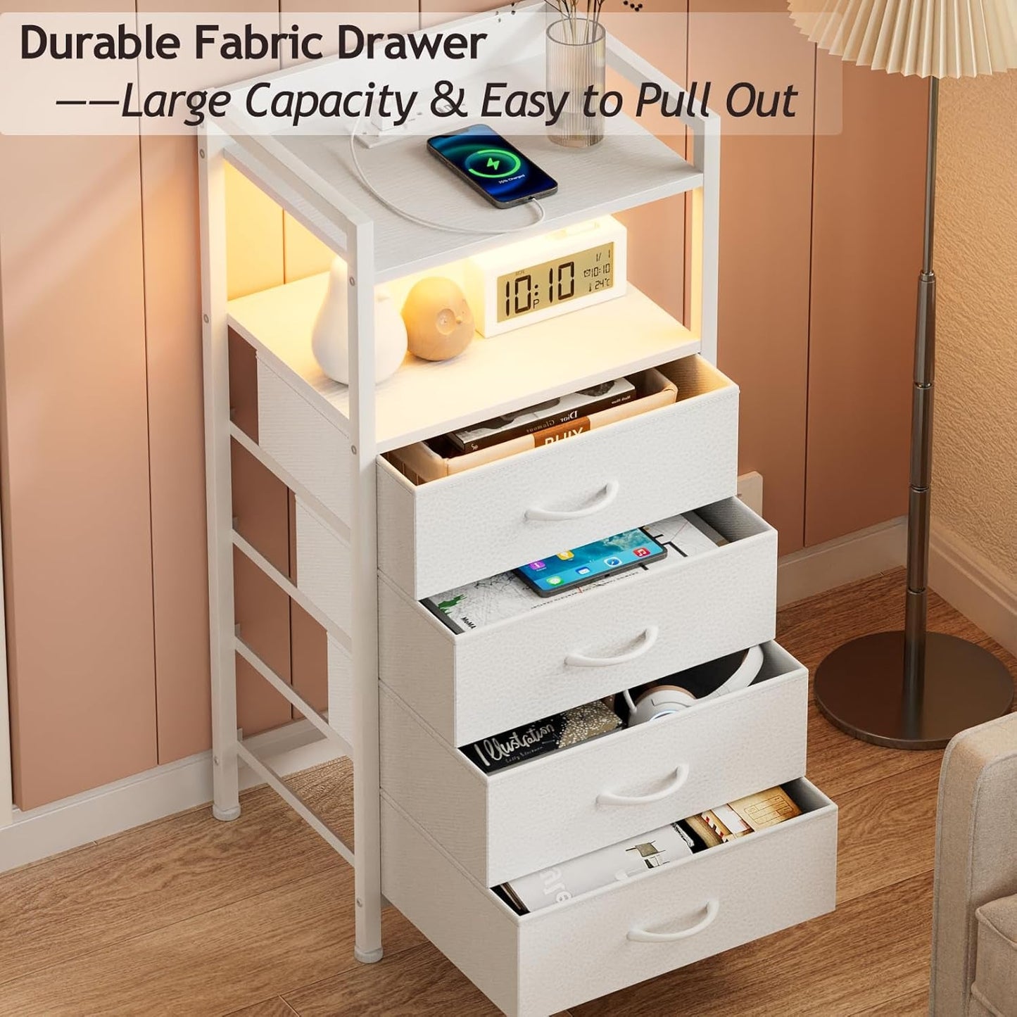 White Nightstand With Charging Station And RGB LED Lighting