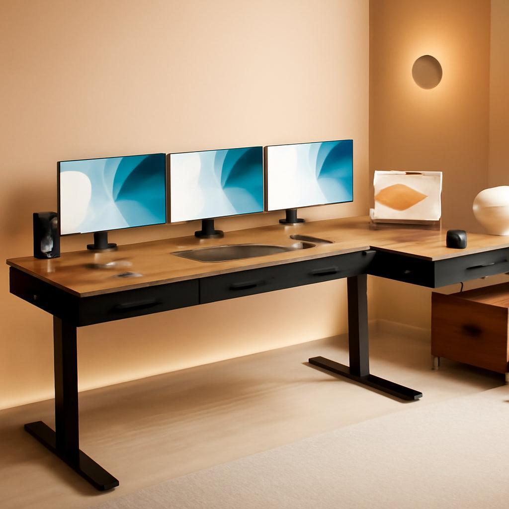 Sixty Three Inch L Shaped Electric Height Adjustable Desk Drawers