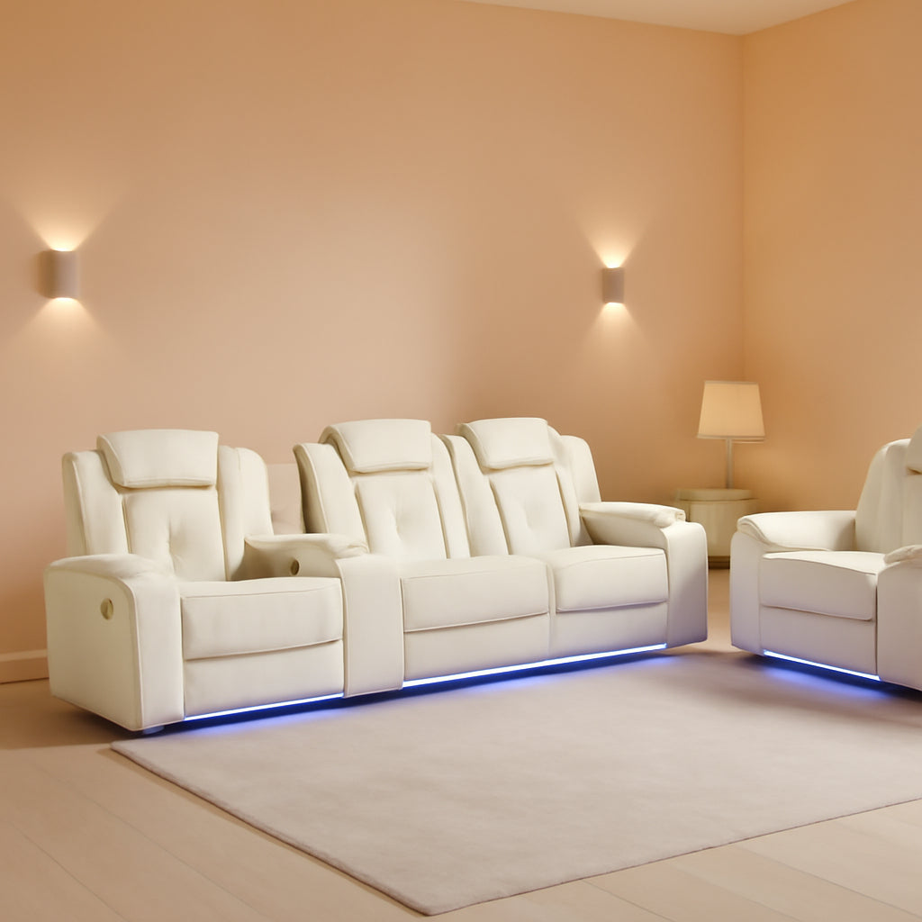 Power Recliner Sofa Set With LED Lights Creamy Finish