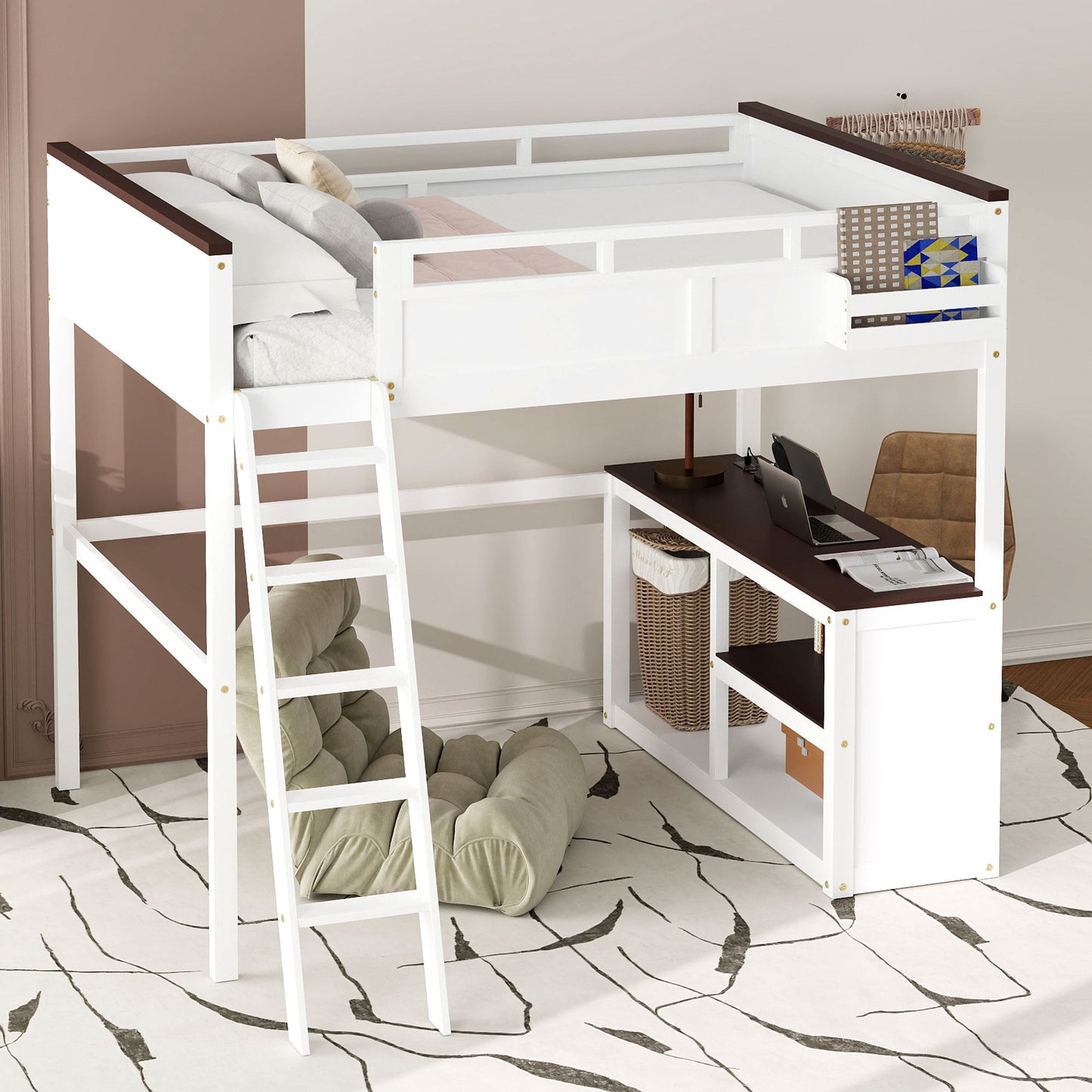 Queen Size Loft Bed With Desk, Open Shelf And Storage Box