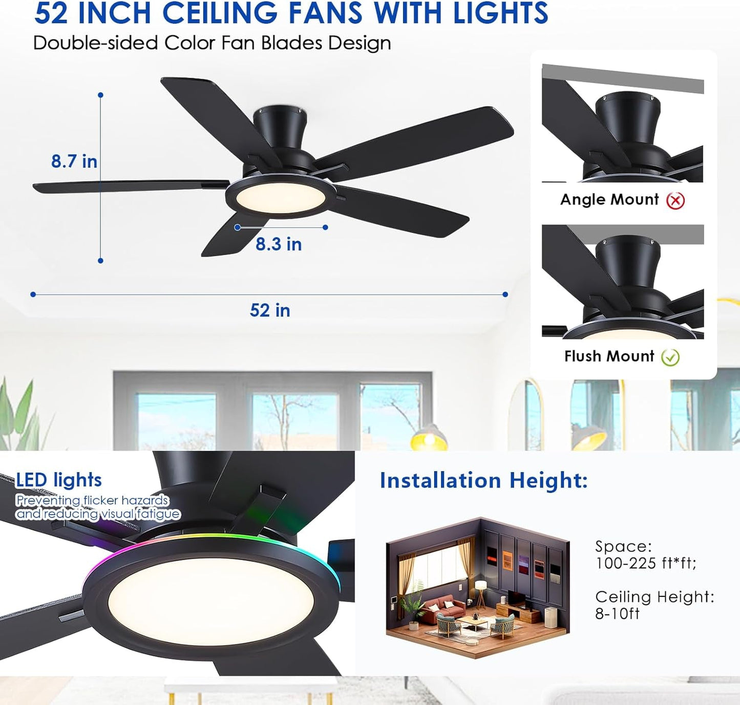 52 Inch Black Flush Mount Ceiling Fan RGB LED Light