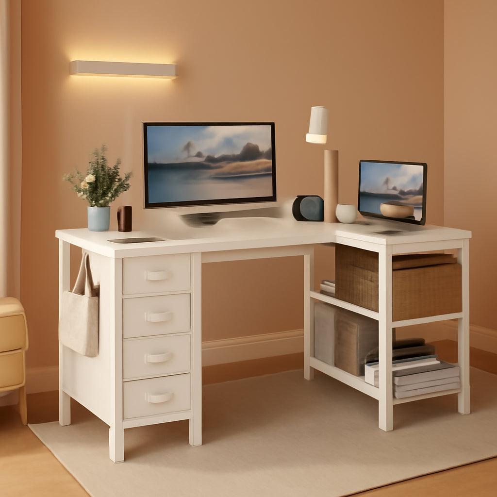 White 47 Inch L Shaped Corner Desk With Reversible Storage