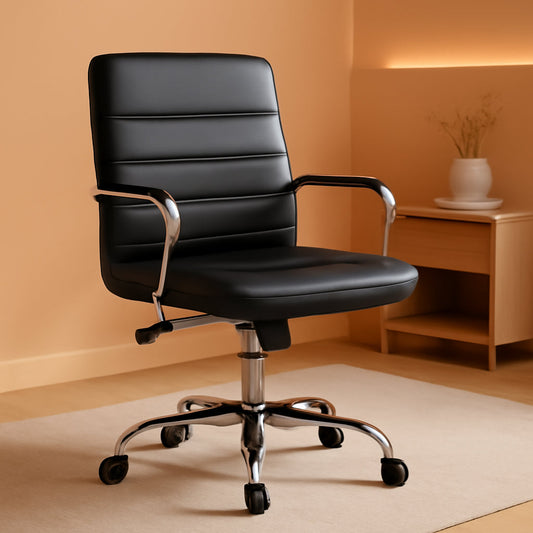 Ergonomic Mid Back Office Chair Black PU Leather With Lumbar Support