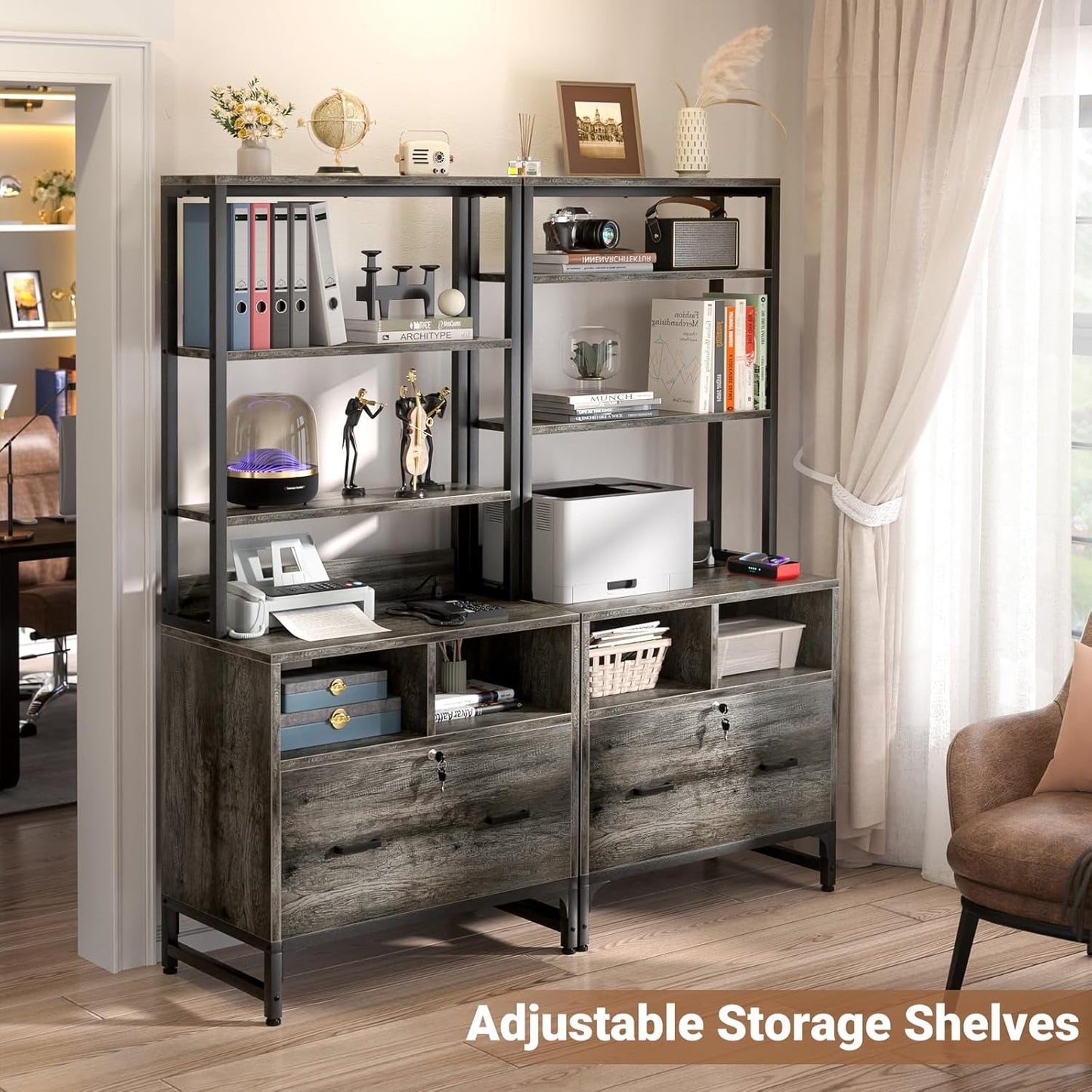 Grey File Cabinet With Charging Station And Locking Drawer