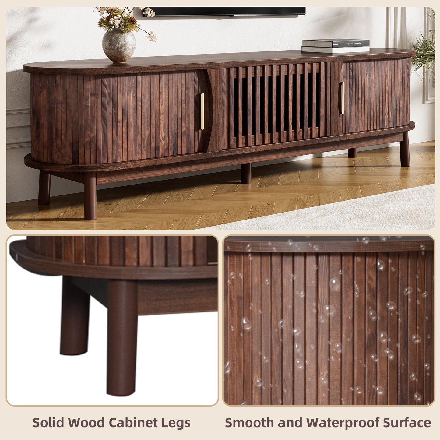 Modern Farmhouse TV Stand for 75' TVs, Wood Entertainment Center with Storage Cabinet, TV Console Table for Living Room, Bedroom