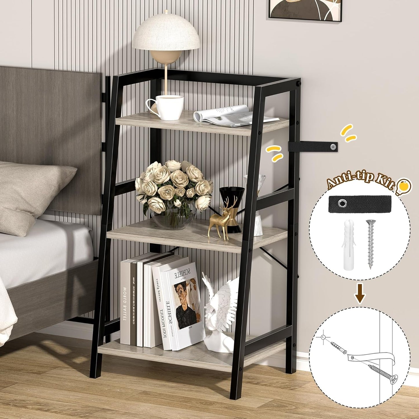 3-Tier Ladder Bookshelf With Steel Frame Greige Black