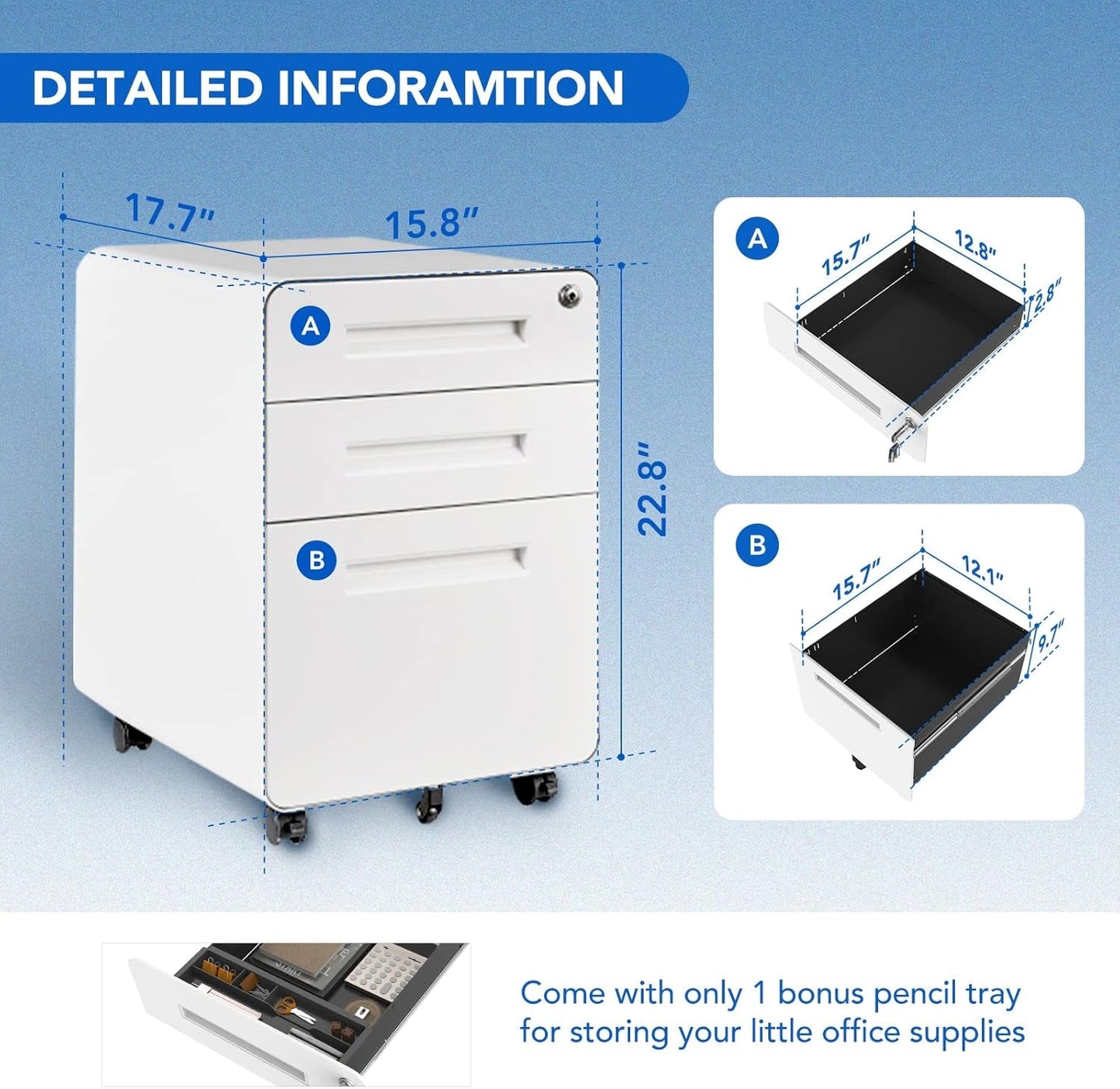 Mobile File Cabinet Home Office 3 Drawer White Under Desk
