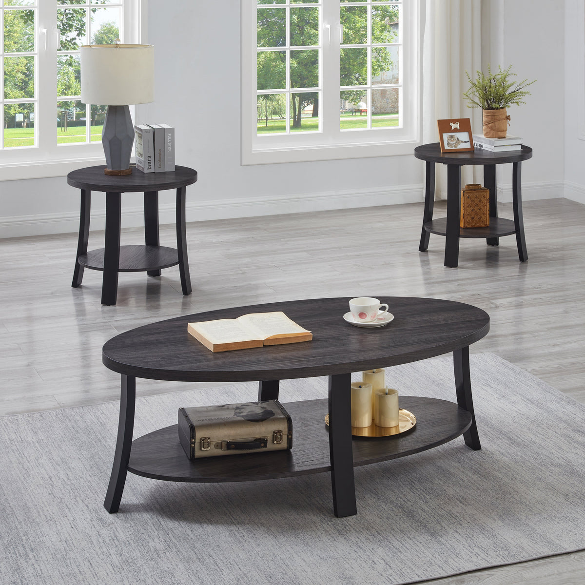 Anze Contemporary Oval Wood Shelf 3-Piece Coffee Table Set