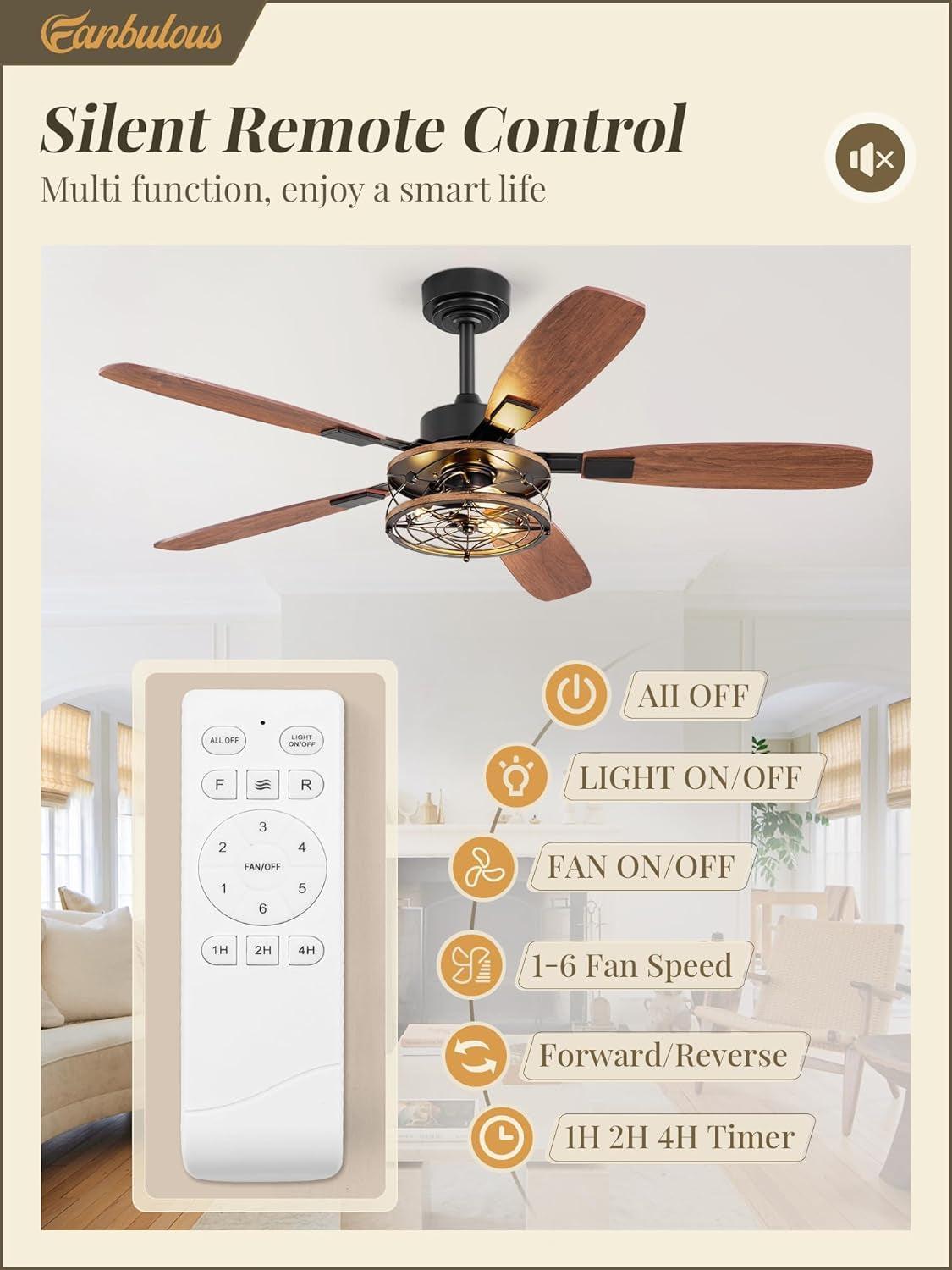 52 Inch Black Farmhouse Ceiling Fan With Light And Remote