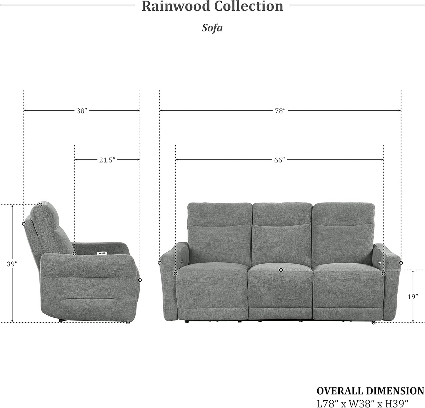 Rainwood Wallhugger Power Reclining 3 Piece Dove Gray