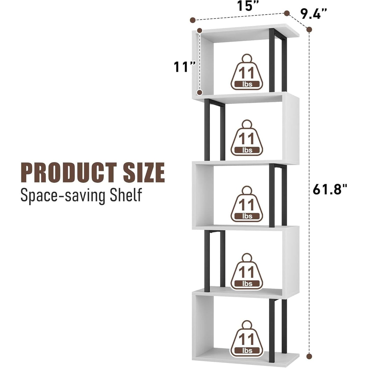 Five Tier Bookshelf White Bookcase Living Room Furniture