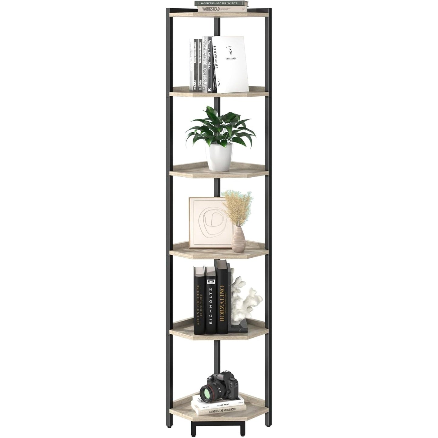 6-Tier Greige Corner Shelf Stand For Living Room And Office