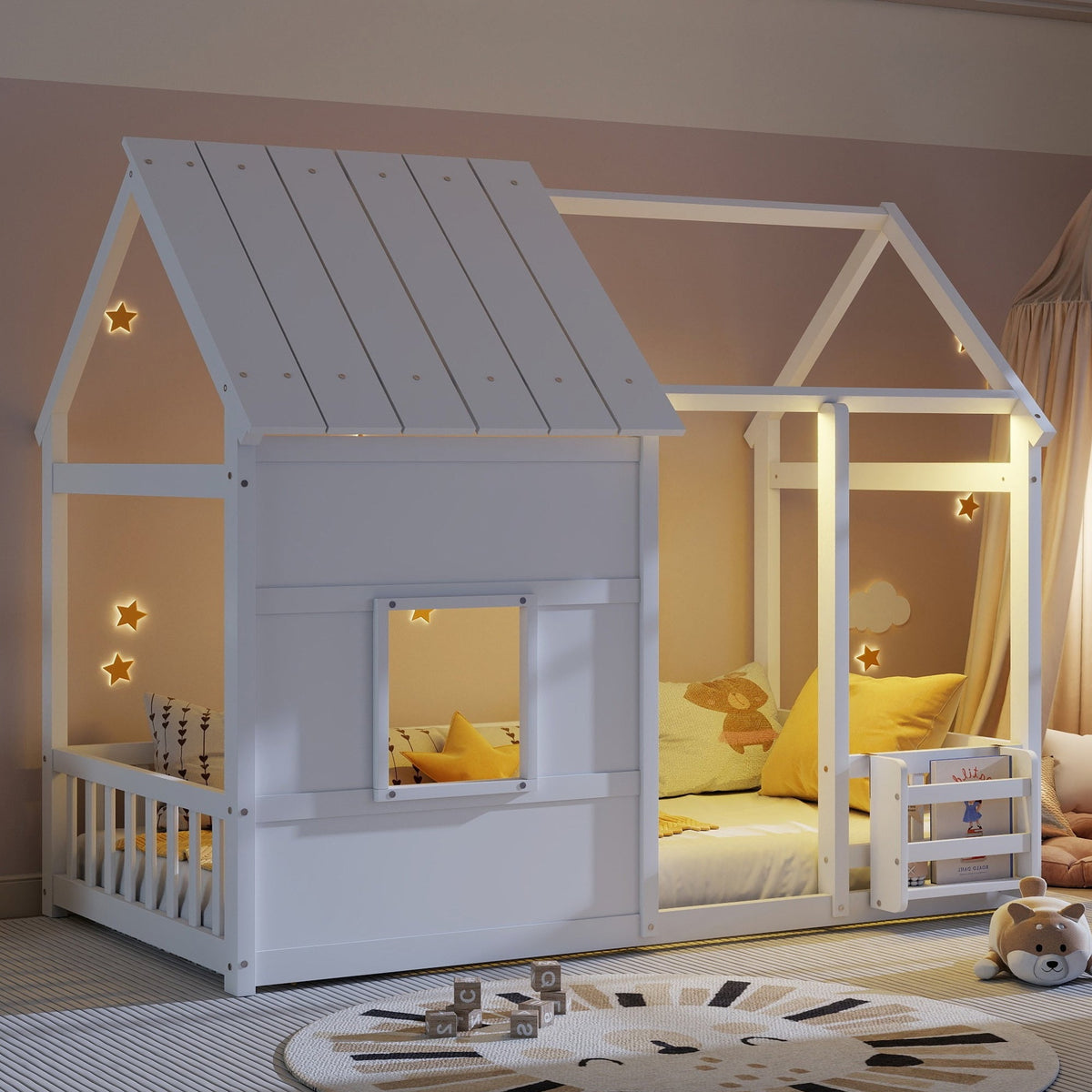 Twin Size House Floor Bed With 7 Colors LED Light