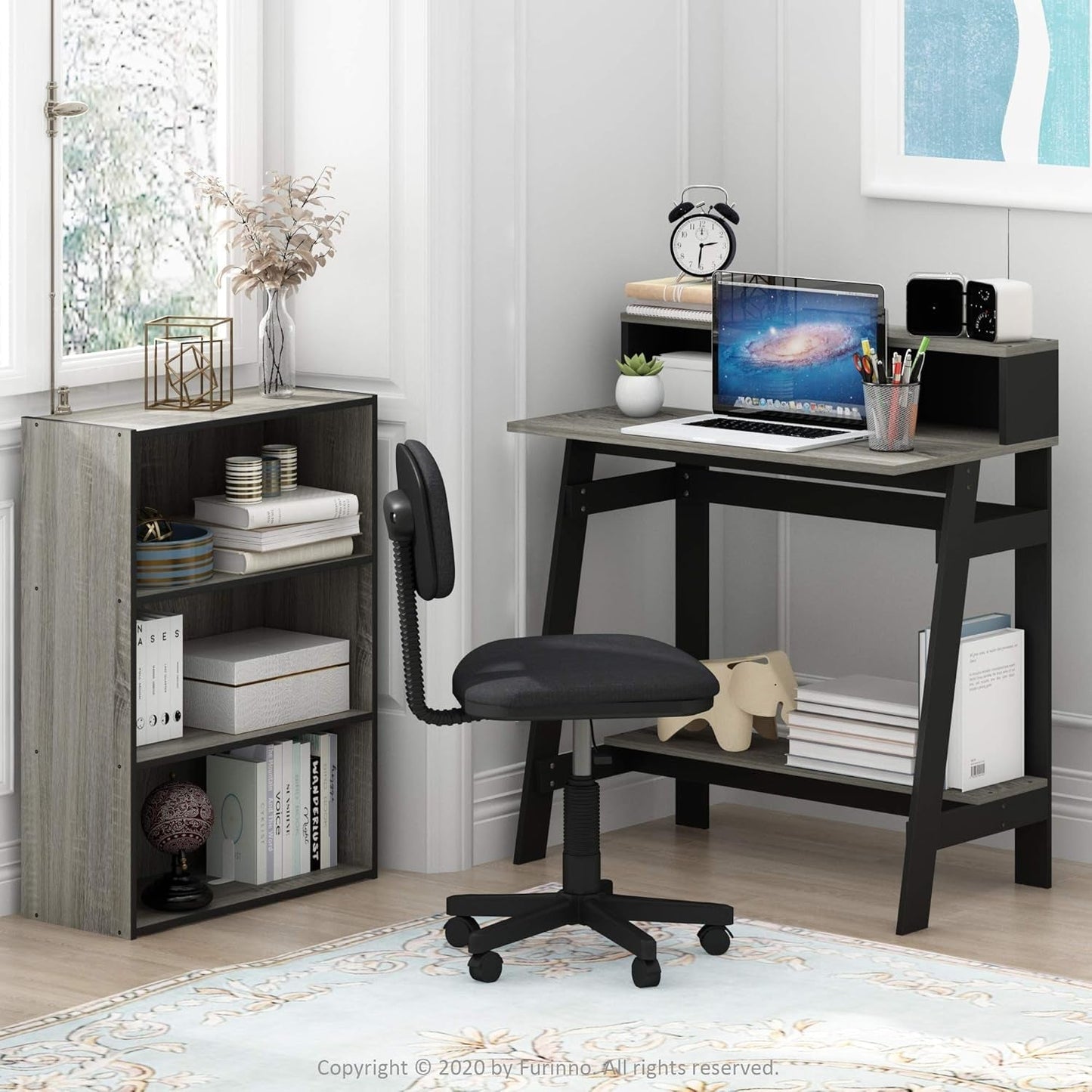 A Frame Computer Desk With Hutch In Black And Oak Grey