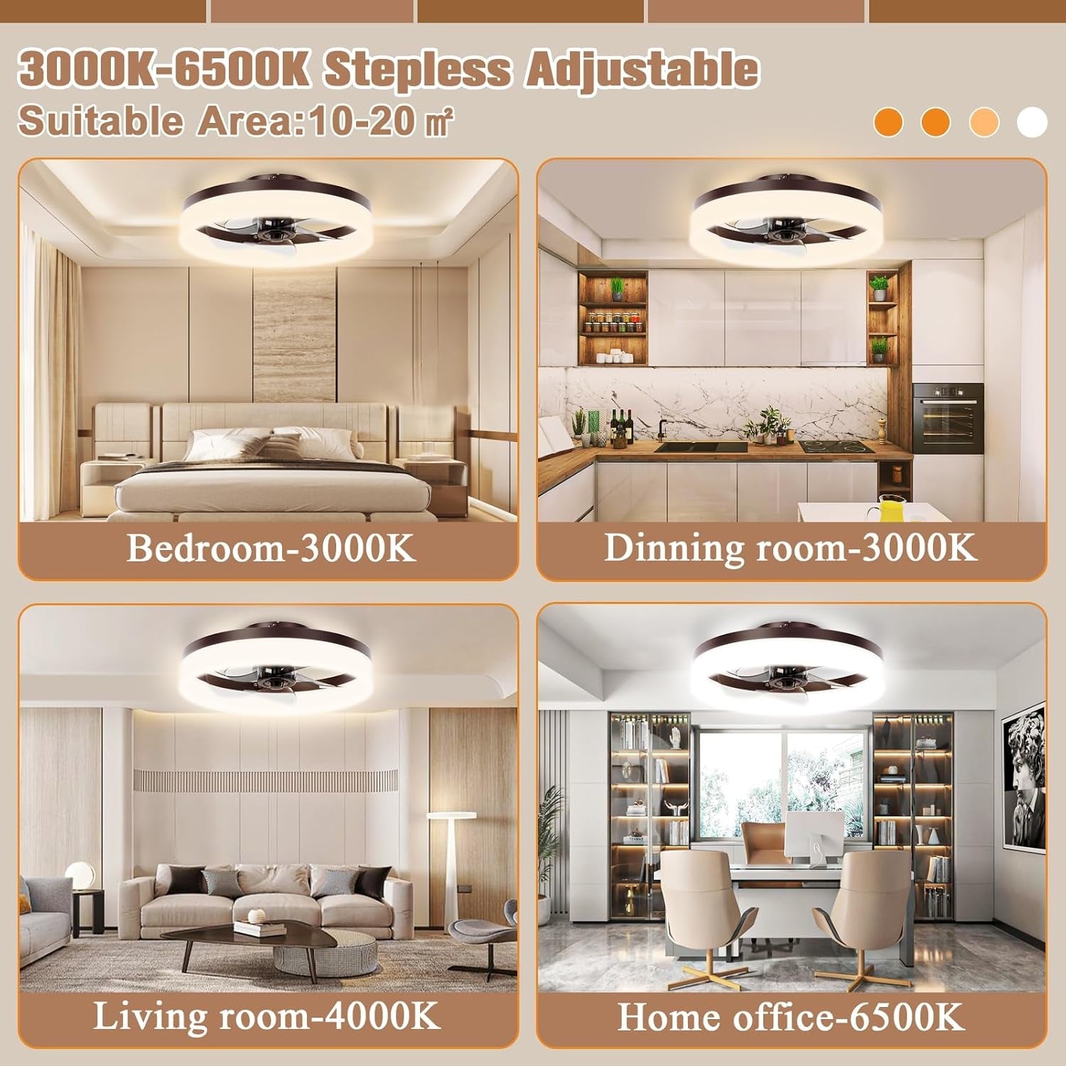 Brown Flush Mount Bladeless Fan Light With Dimmable LED suitable for various rooms like bedroom, dining, living, and home office.