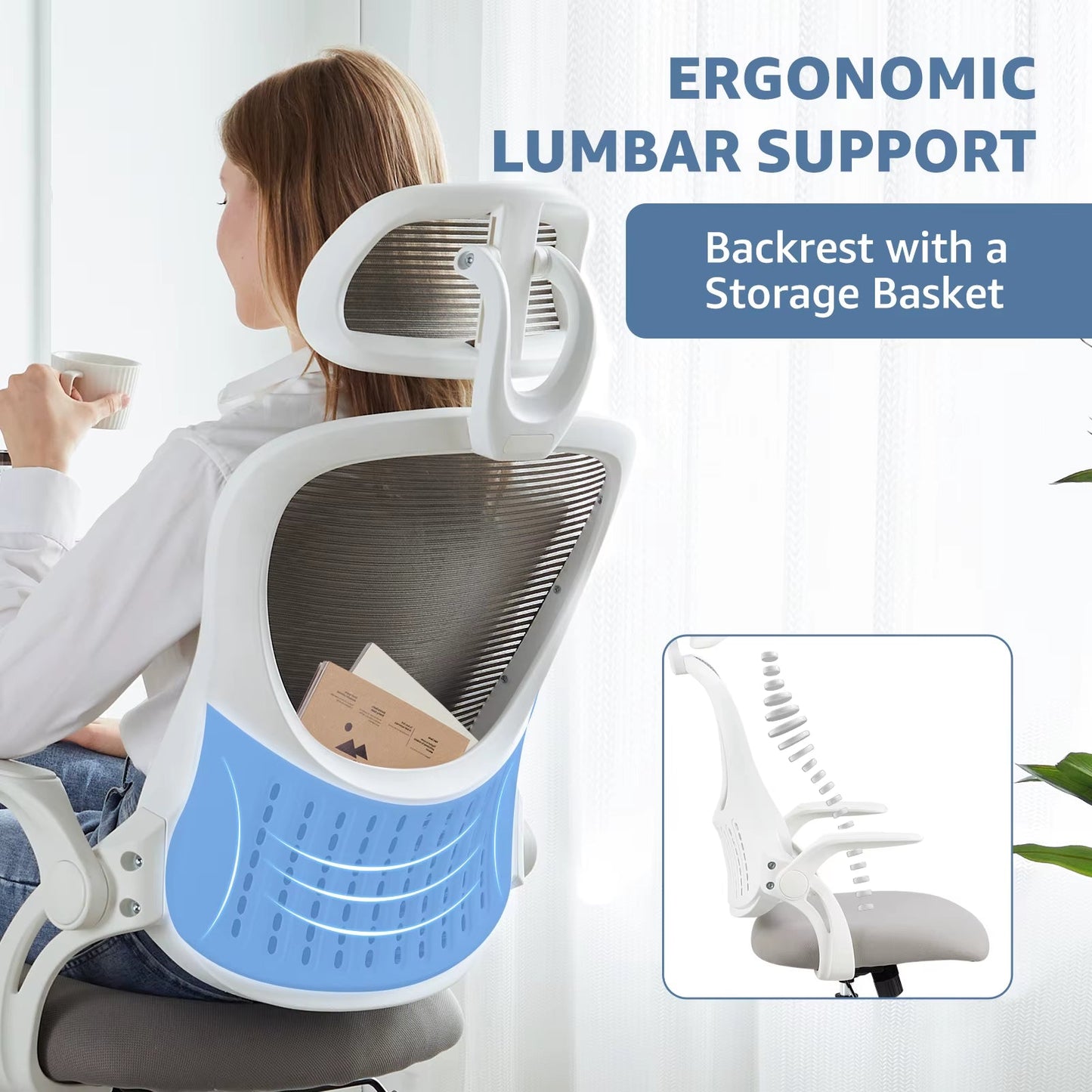 Mesh Ergonomic Office Computer Desk Chair Flip-Up Arms Adjustable Headrests Comfortable Lumbar Support for Home Office