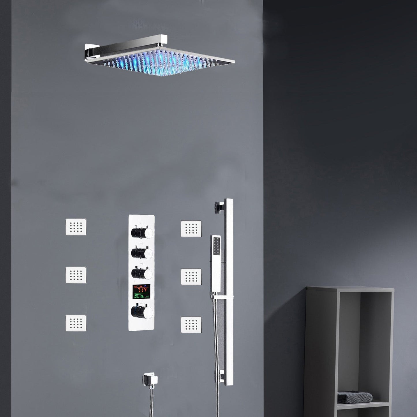 Chrome 12inch LED light or 6 inch regular head Wall mount 3 way thermostatic shower faucet with 6 body jets and sliding bar