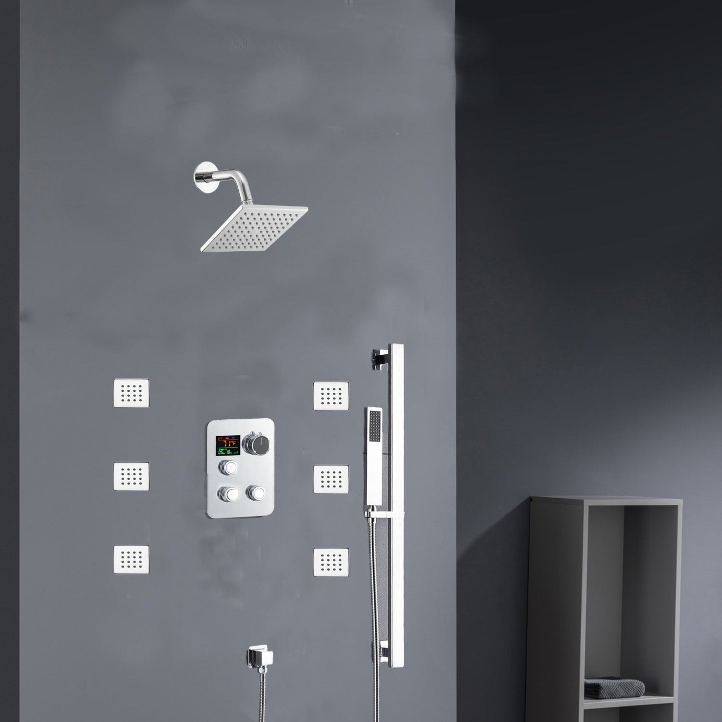 Chrome 12inch LED light or 6 inch regular head Wall mount 3 way thermostatic shower faucet with 6 body jets and sliding bar