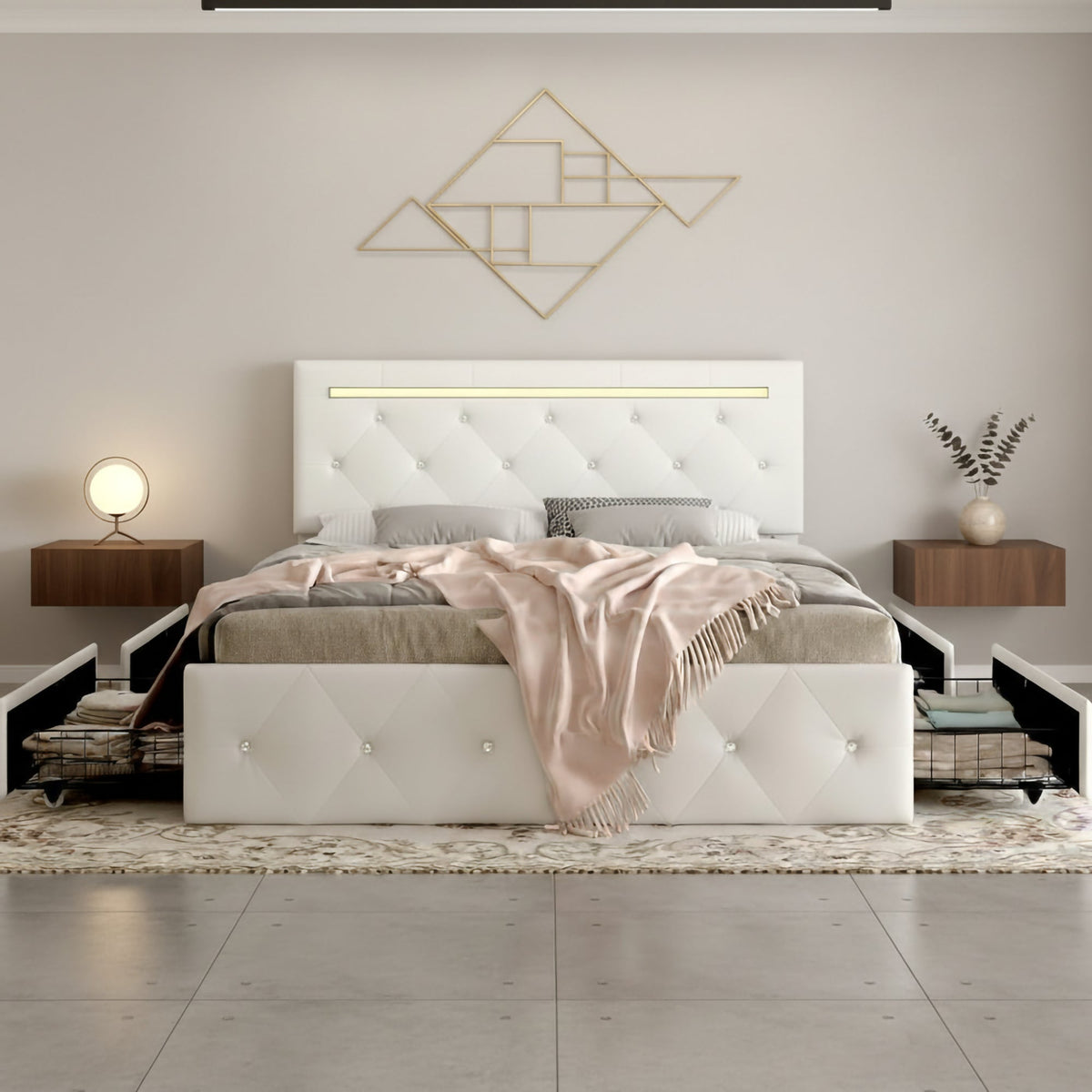 Queen Size Bed Frame with LED Light and 4 Storage Drawers