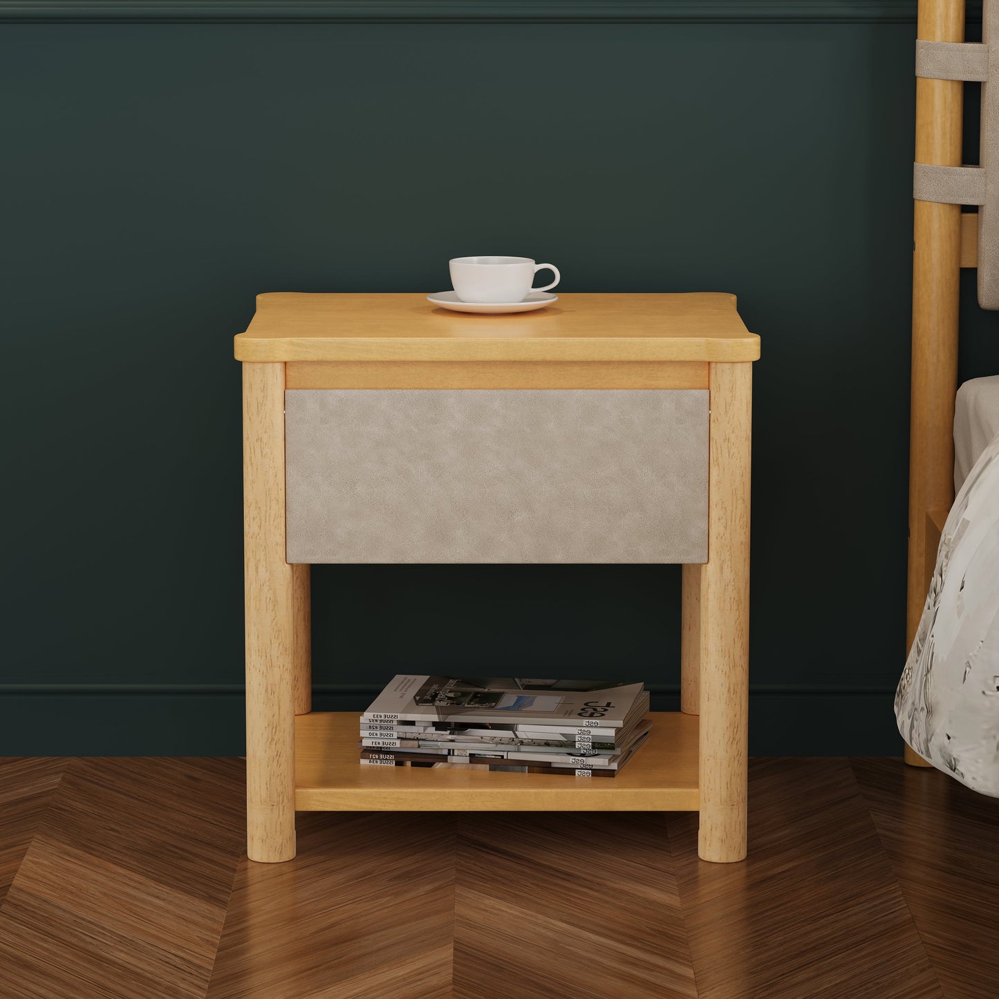 Modern Queen Bed Frame Set with 2 Nightstands, Beige Wood Platform Bed with Headboard and Matching Bedside Tables for Bedroom