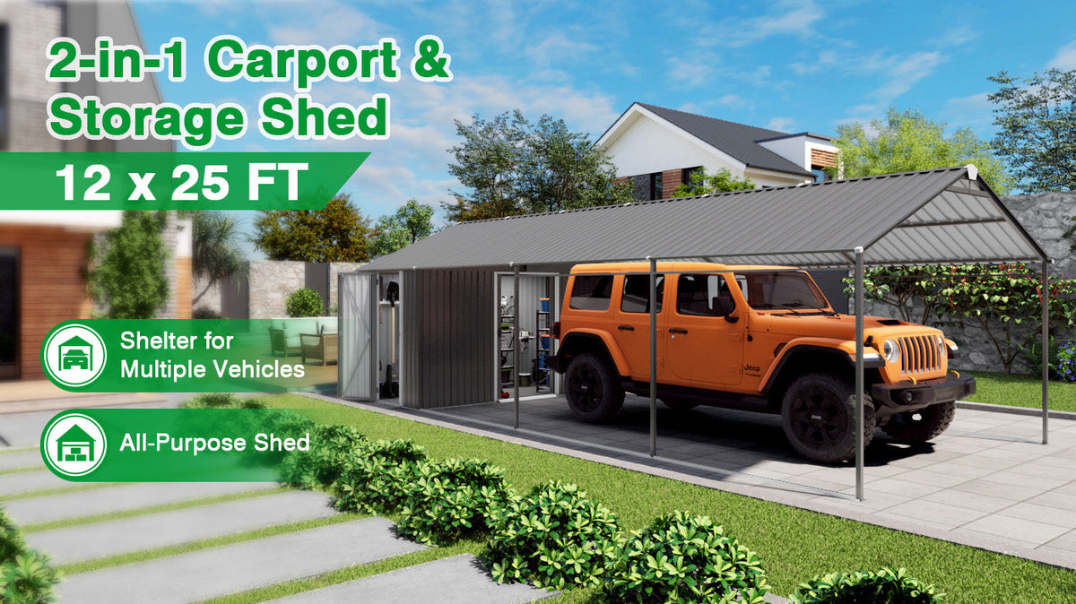 12x25 FT Galvanized Steel Carport with Car Shelter & Storage Shed