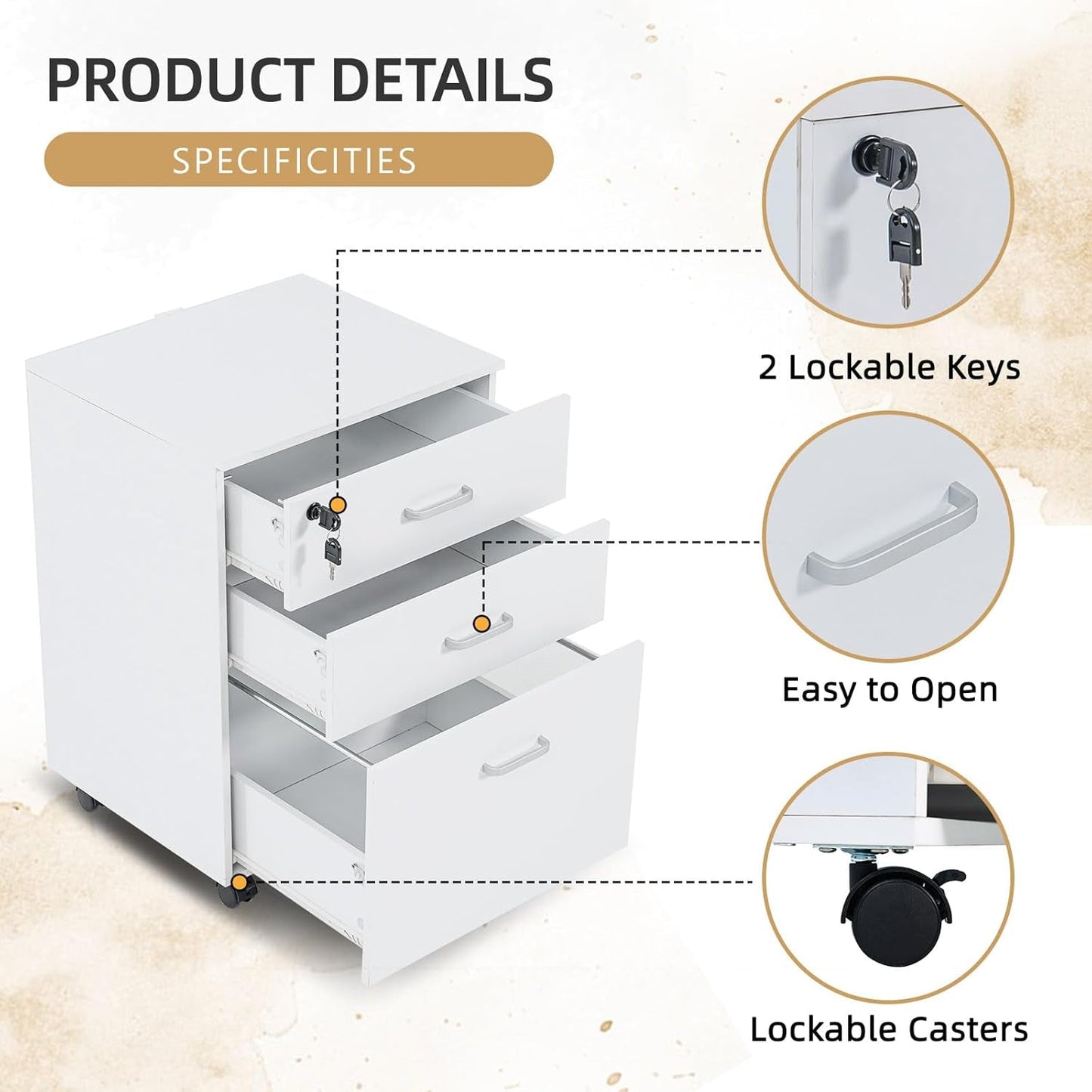 3 Drawer Mobile File Cabinet With Lock White Rolling Vertical Filing Cabinet For A4 Legal Letter Paper