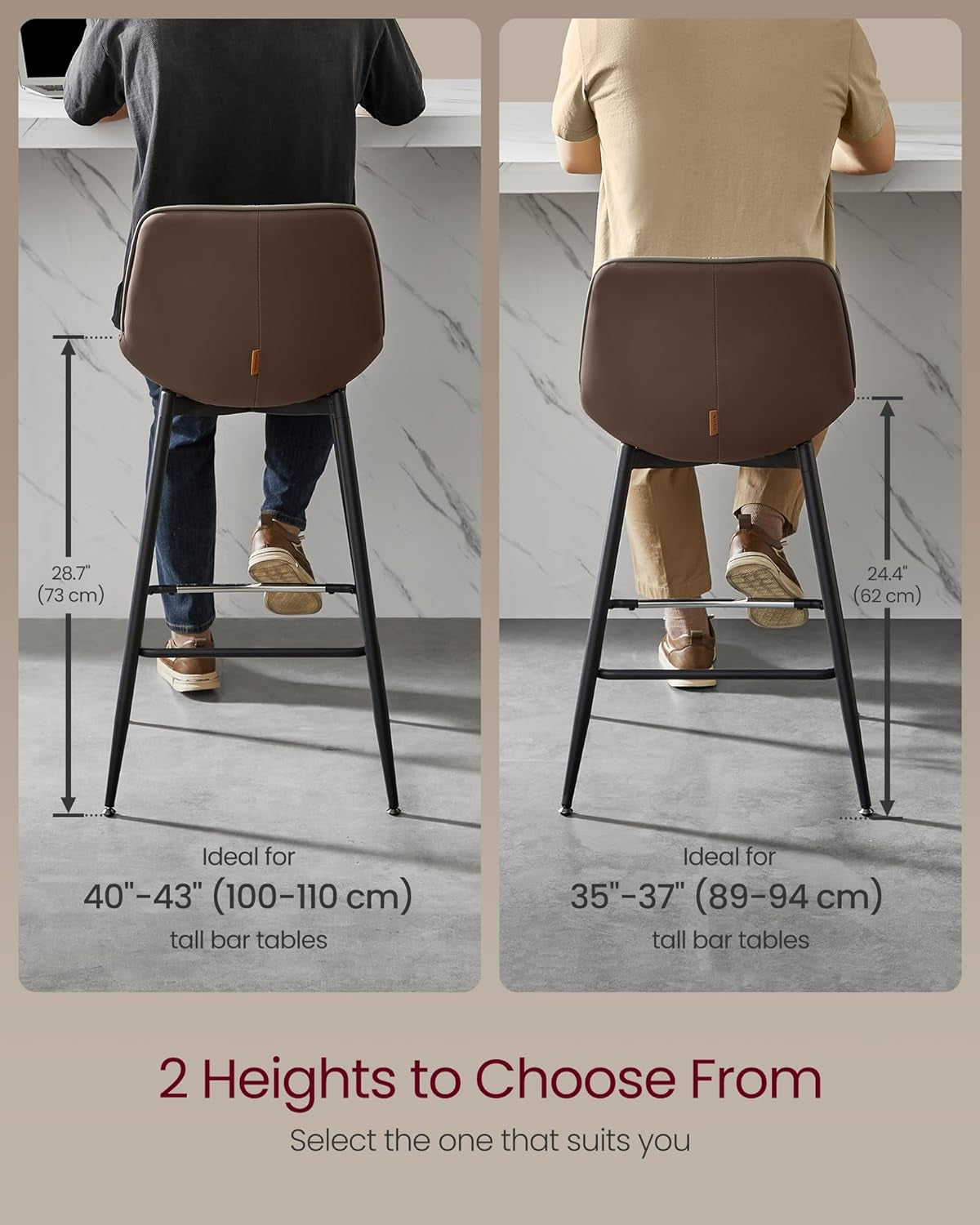 Bar Stools Set Of 2, 28.7 Inch Bar Height With Back, Coffee Brown