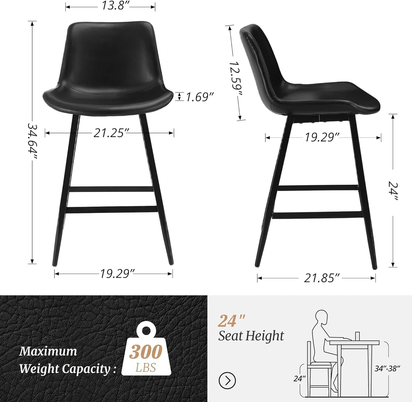 24 Inch Modern Bucket Bar Stool Set Of 3 With Back And Footrest In Faux Leather Black