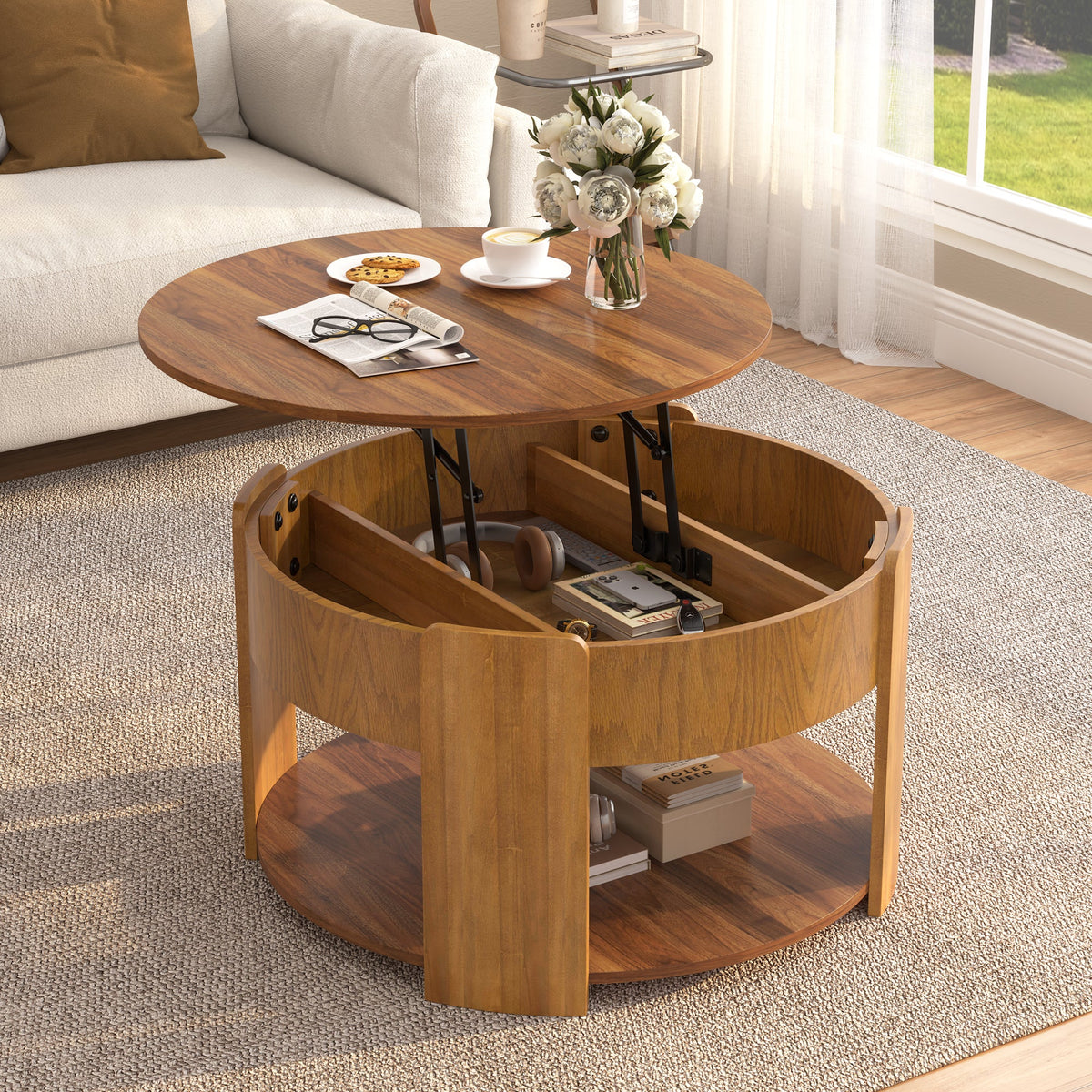 Vibe Haus Farmhouse Round Lift Top Coffee Table