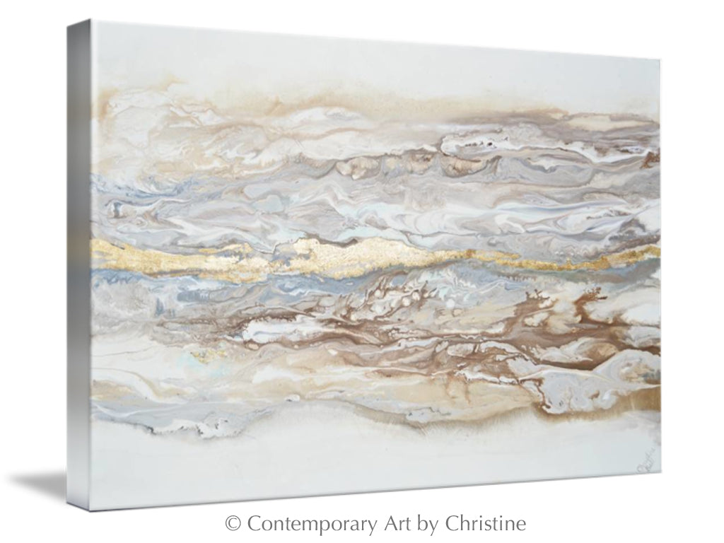 "Ingrained in My Soul" GICLÉE PRINT Art Abstract Painting Neutral White Beige Gold Leaf Marbled Coastal Landscape