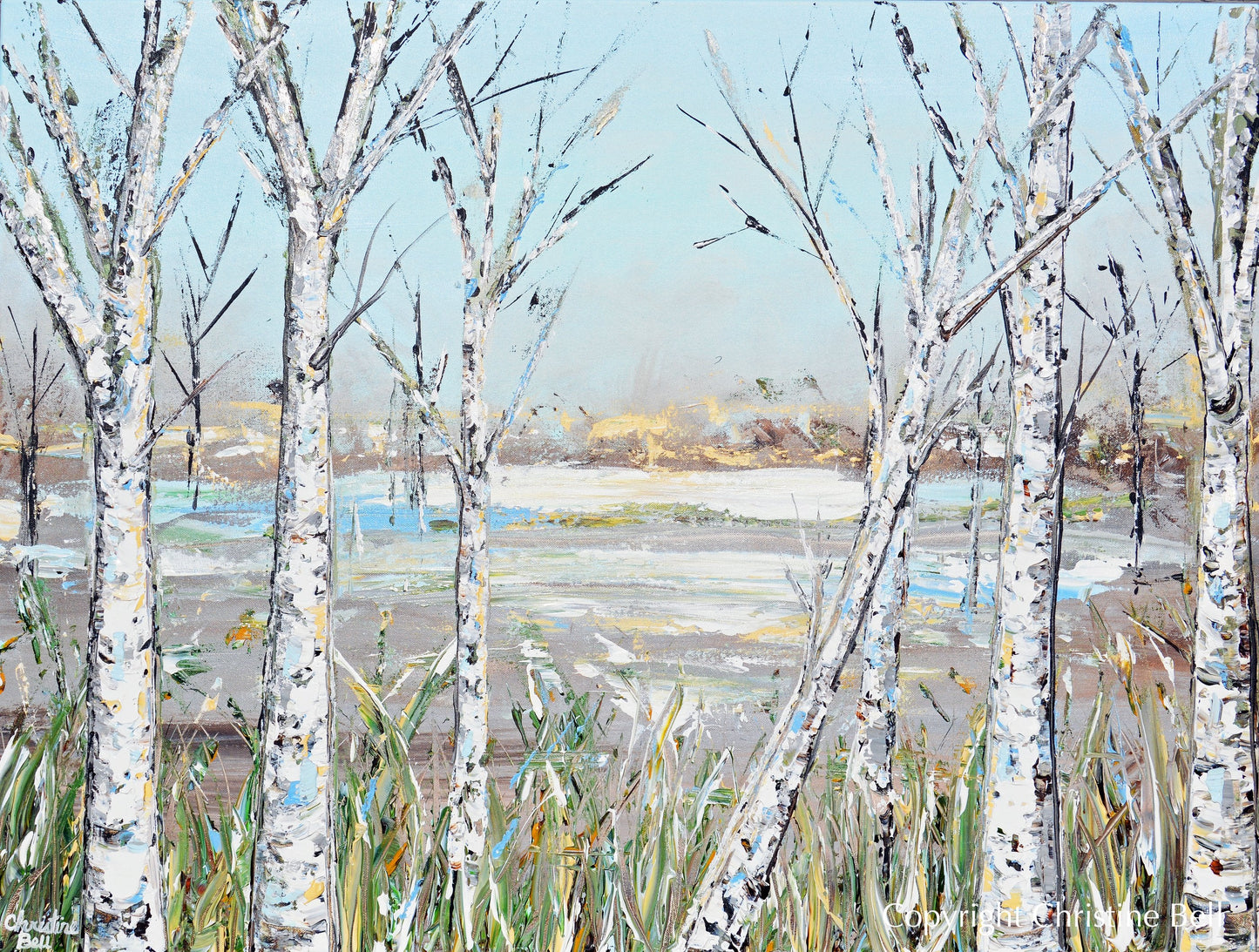 "Just Breathe" Giclee Print Art Abstract Landscape Painting Birch Trees Light Blue White