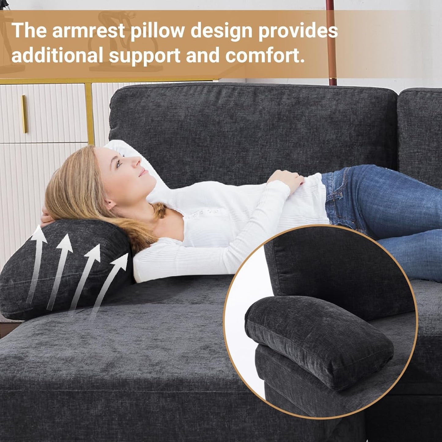 110 Inch U Shaped Sectional Couch For Living Room With Double Chaise In Chenille Fabric Black