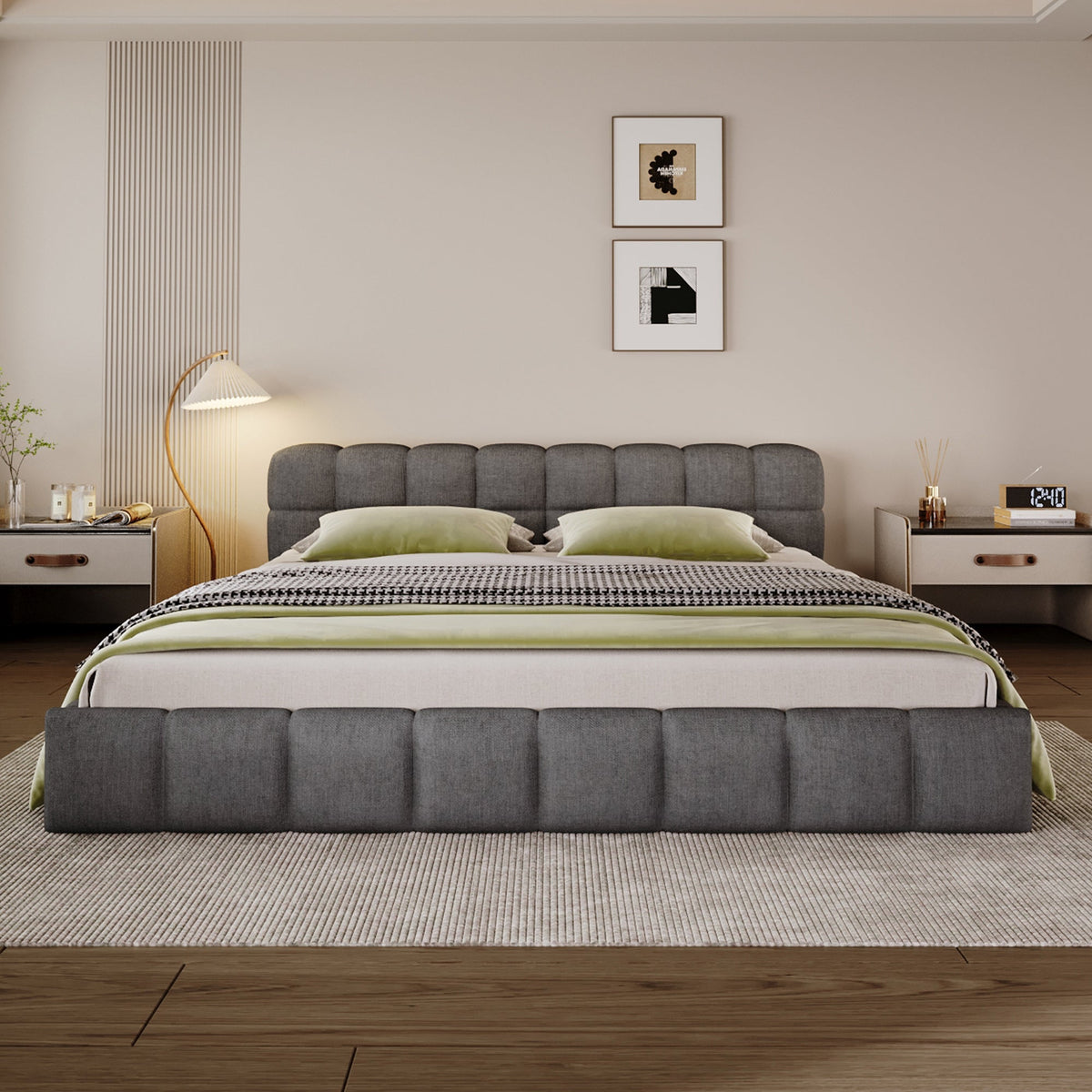 Elegant Chenille Upholstered Bed with Checkerboard Design, Queen